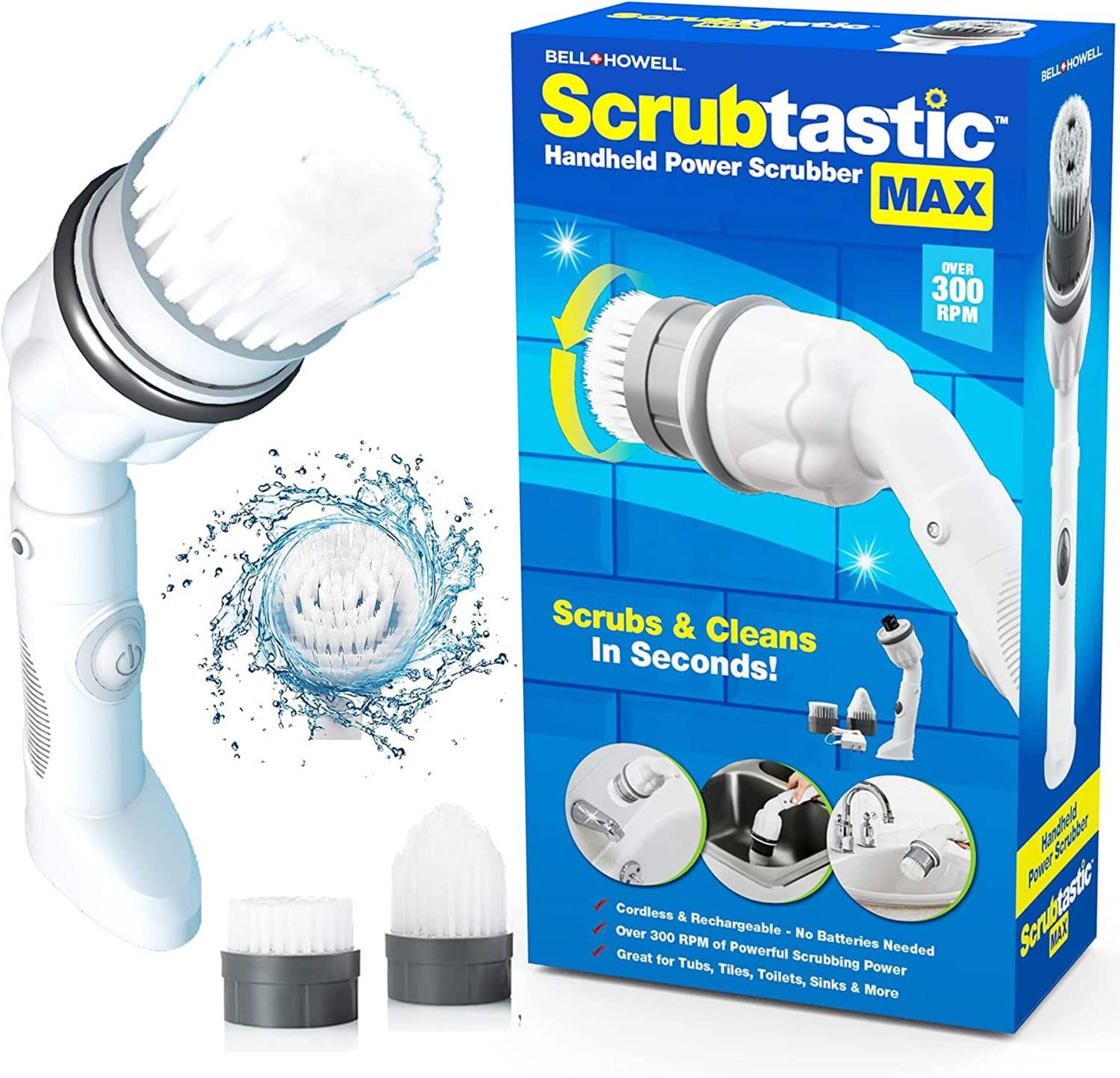 As Seen on TV Scrubtastic Max Powerful Handheld Scrubber with 2 Brush Heads, Compact, White Composite_or_Mixed