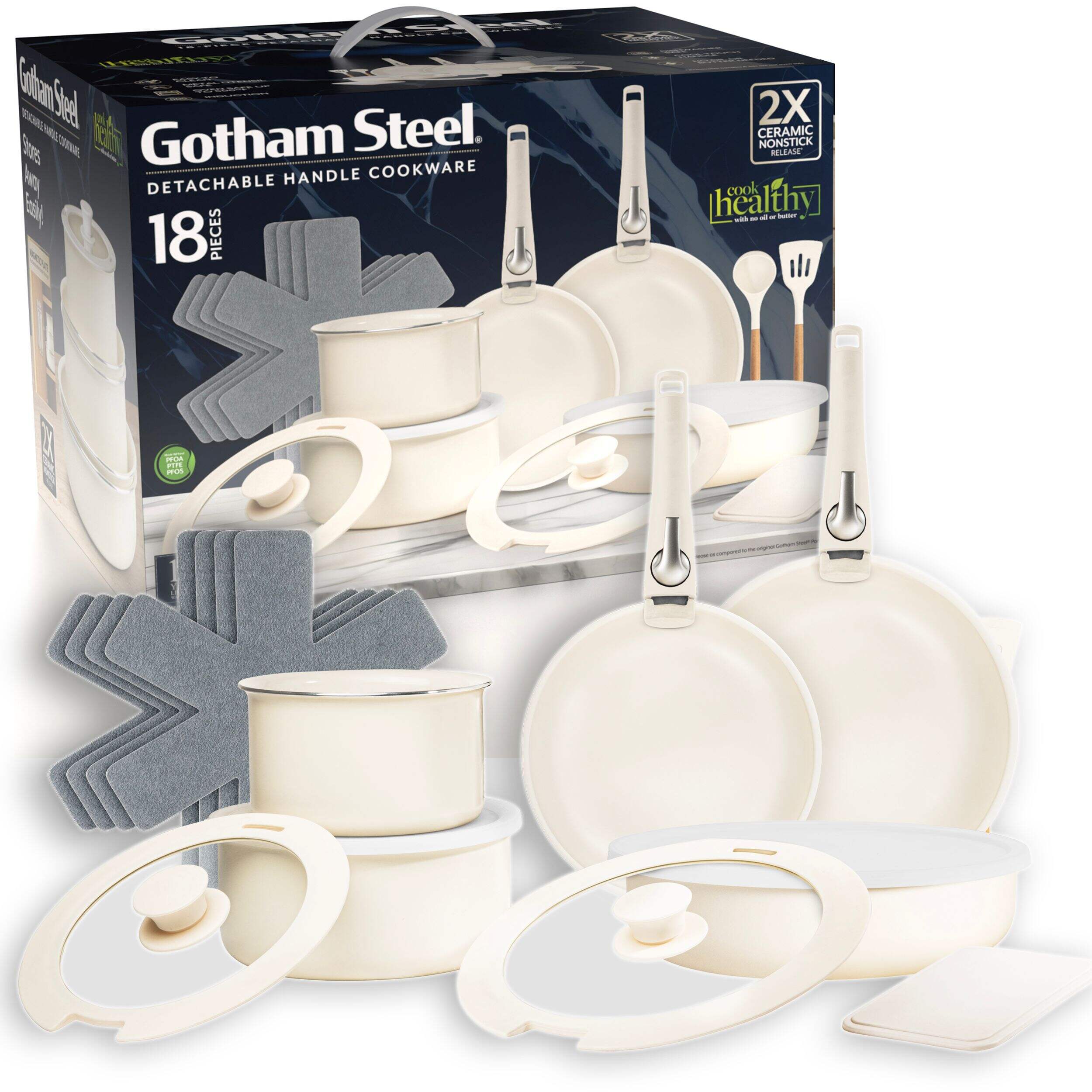 OB Gotham Steel Pots & Pan Set with Removable Handles, Cream, 18-pc Composite_or_Mixed