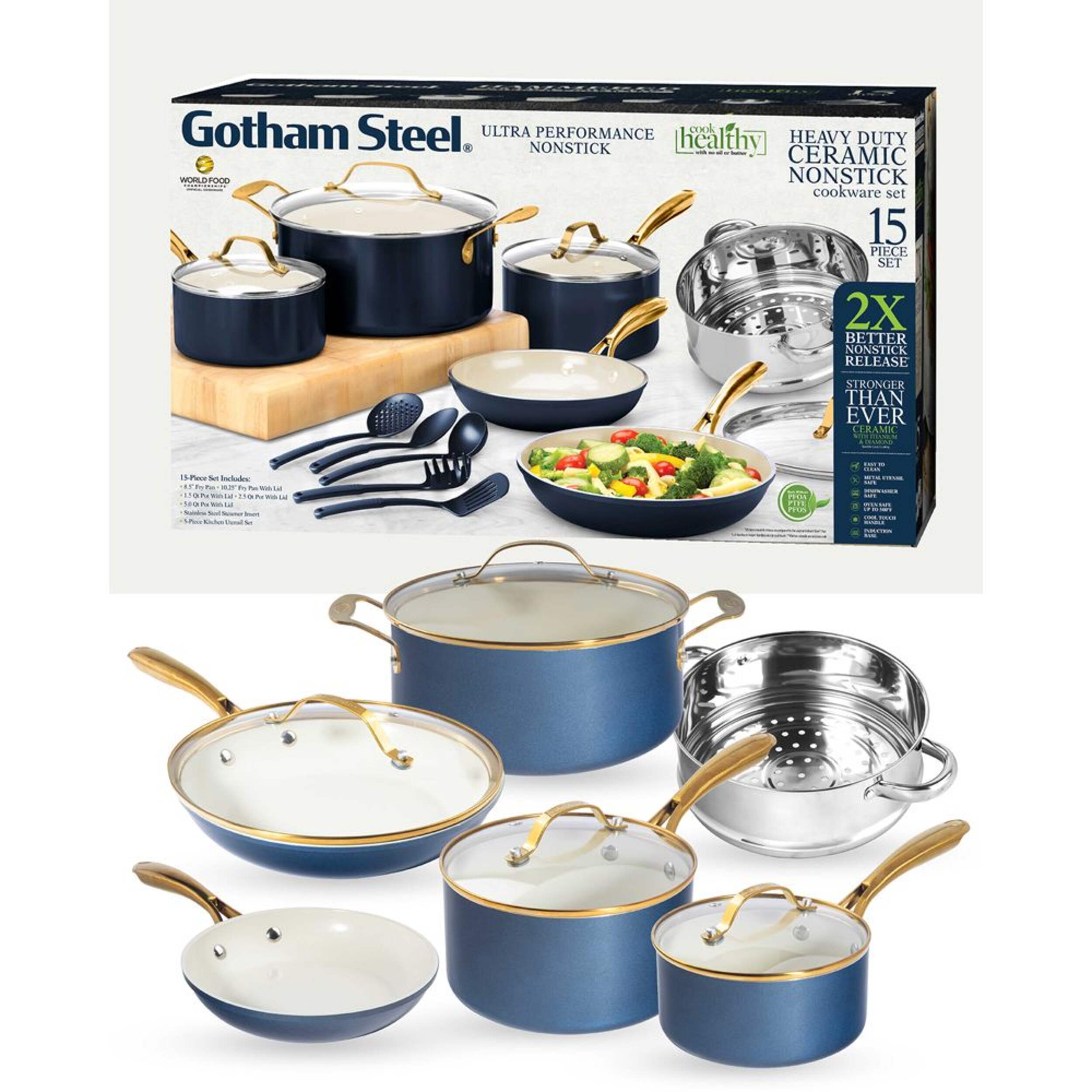 OB Gotham Steel Cookware Set, Nonstick, Navy, 15-pc Composite_or_Mixed