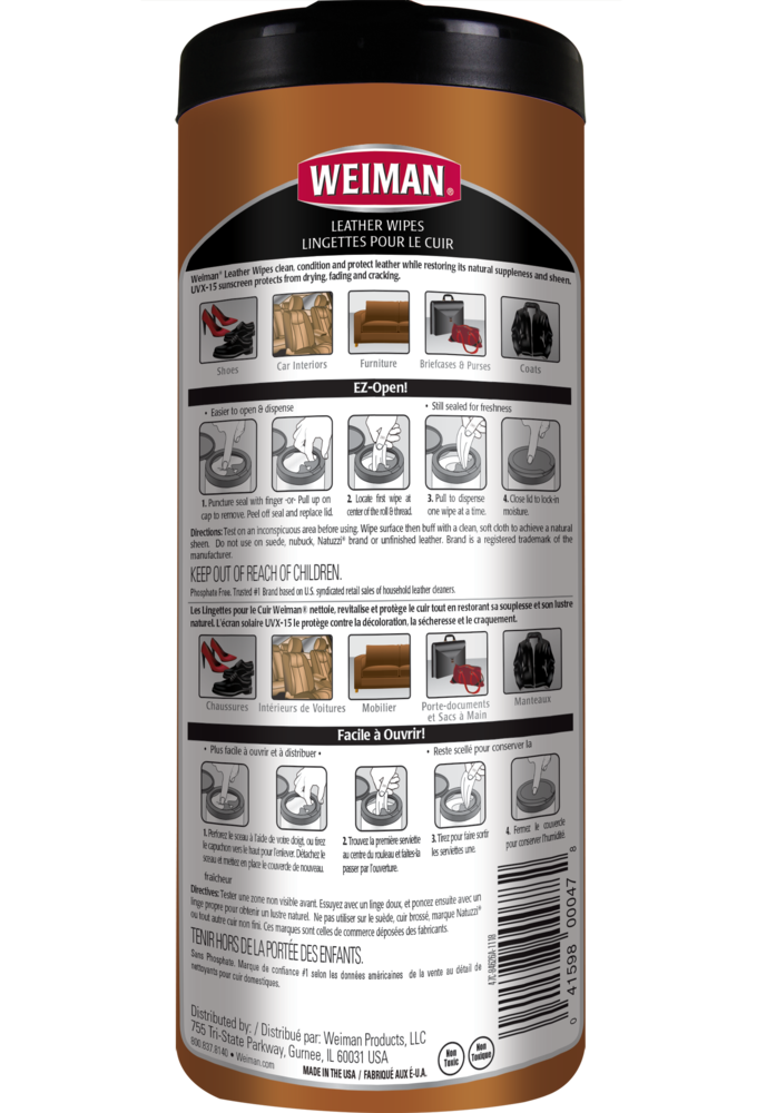 Weiman Leather Cleaning, Conditioning and Protecting Wipes, 30 Wipes
