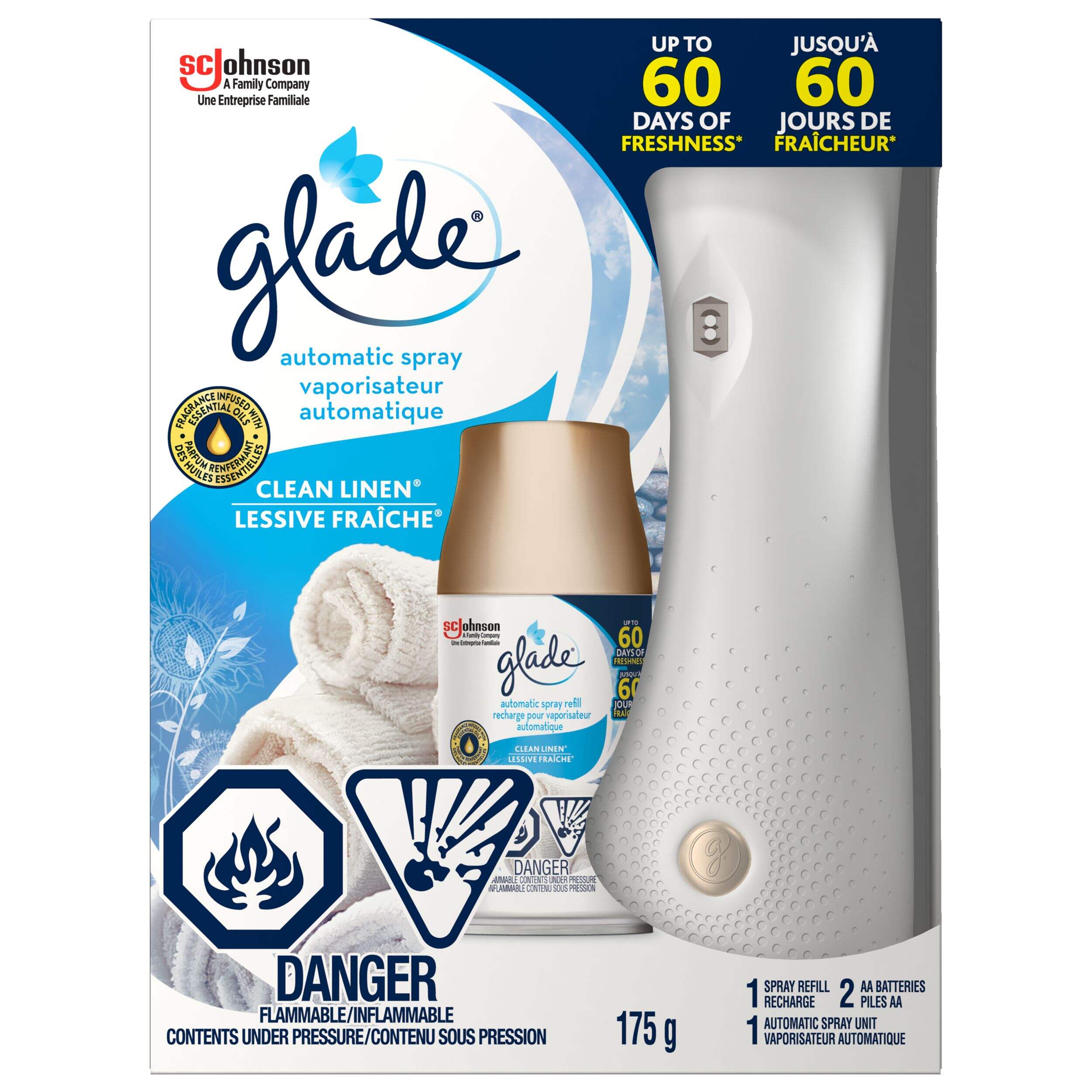 Glade Automatic Room Spray Starter Kit, Clean Linen, 175-g, Includes Spray Unit, Refill and 2 Batteries Front_Flat
