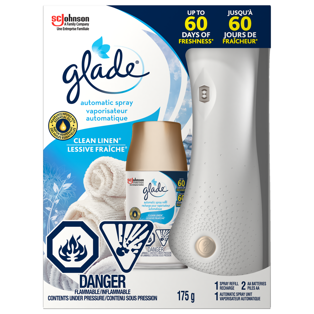Glade Automatic Room Spray Starter Kit, Clean Linen, 175g, Includes