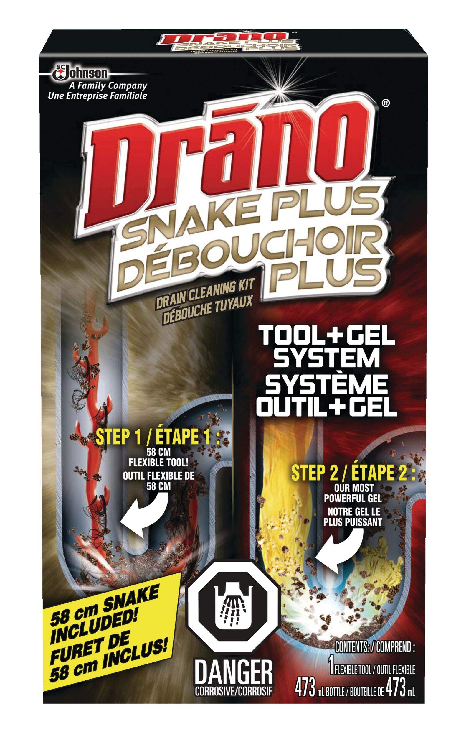 Drano Snake Plus Drain Cleaning Kit & Clog Remover, 19-in Wand Tool + 473-mL Gel Drain Cleaner Front_Flat