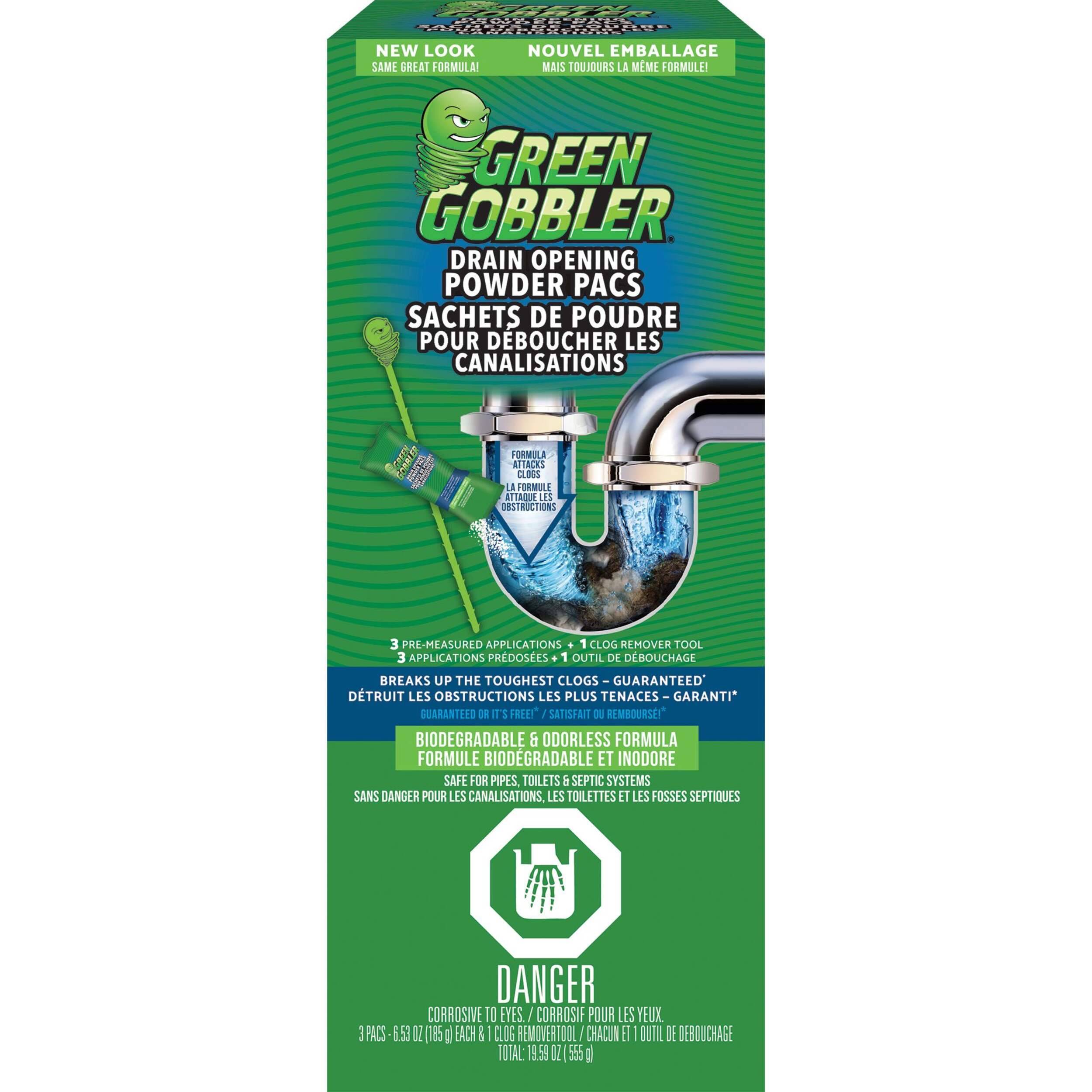 Green Gobbler Drain Clog Dissolver Pacs, Biodegradeable, 555-g, 3-pk Front_Flat