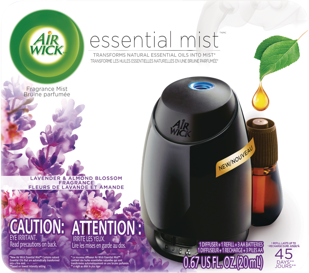 Diffuseur d'huile parfumée Air Wick Essential Mist, lavande et fleur  d'amande, comprend un diffuseur, une recharge et 3 piles AA