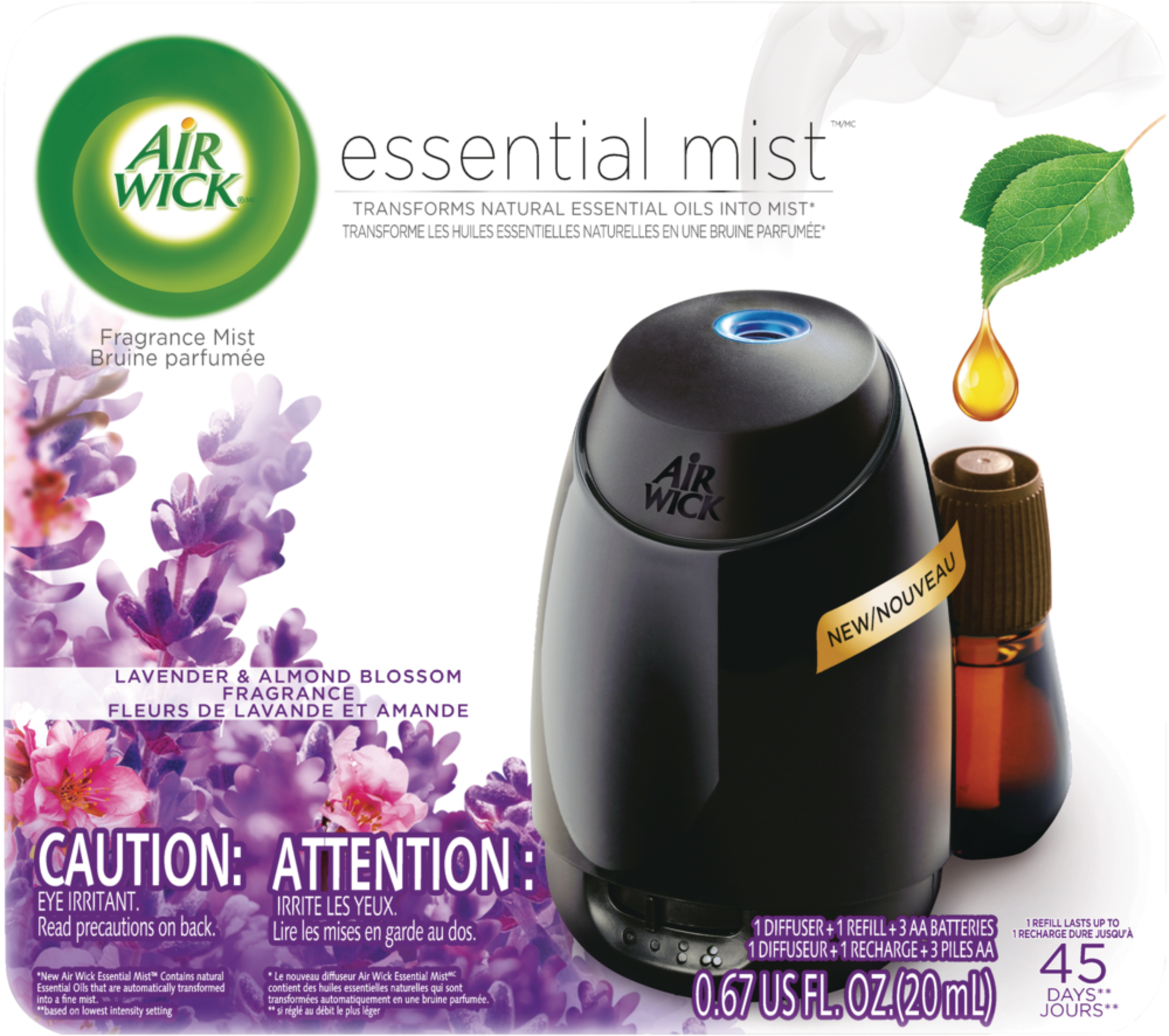 Air Wick Essential Mist Fragrance Oil Diffuser Kit, Lavender & Almond Blossom, Includes Diffuser, Refill and 3 Batteries Front_Flat