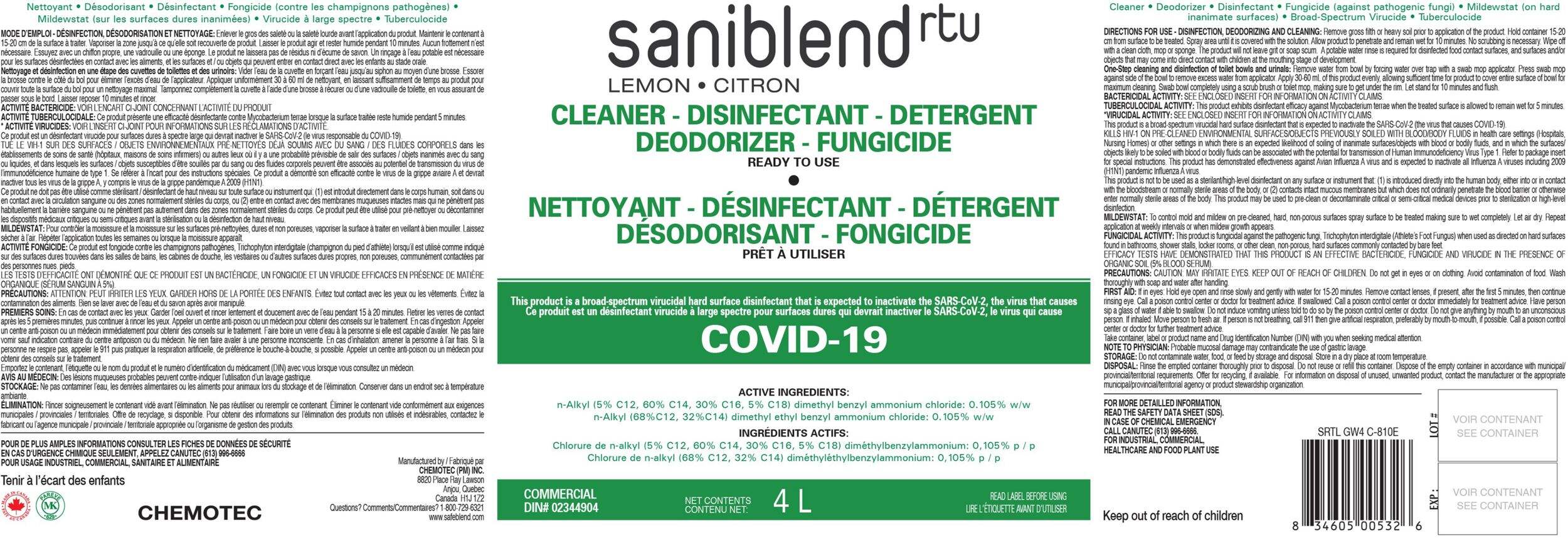 Safeblend Saniblend Ready-To-Use Disinfectant Cleaner, Lemon, Refill 4-L Composite_or_Mixed