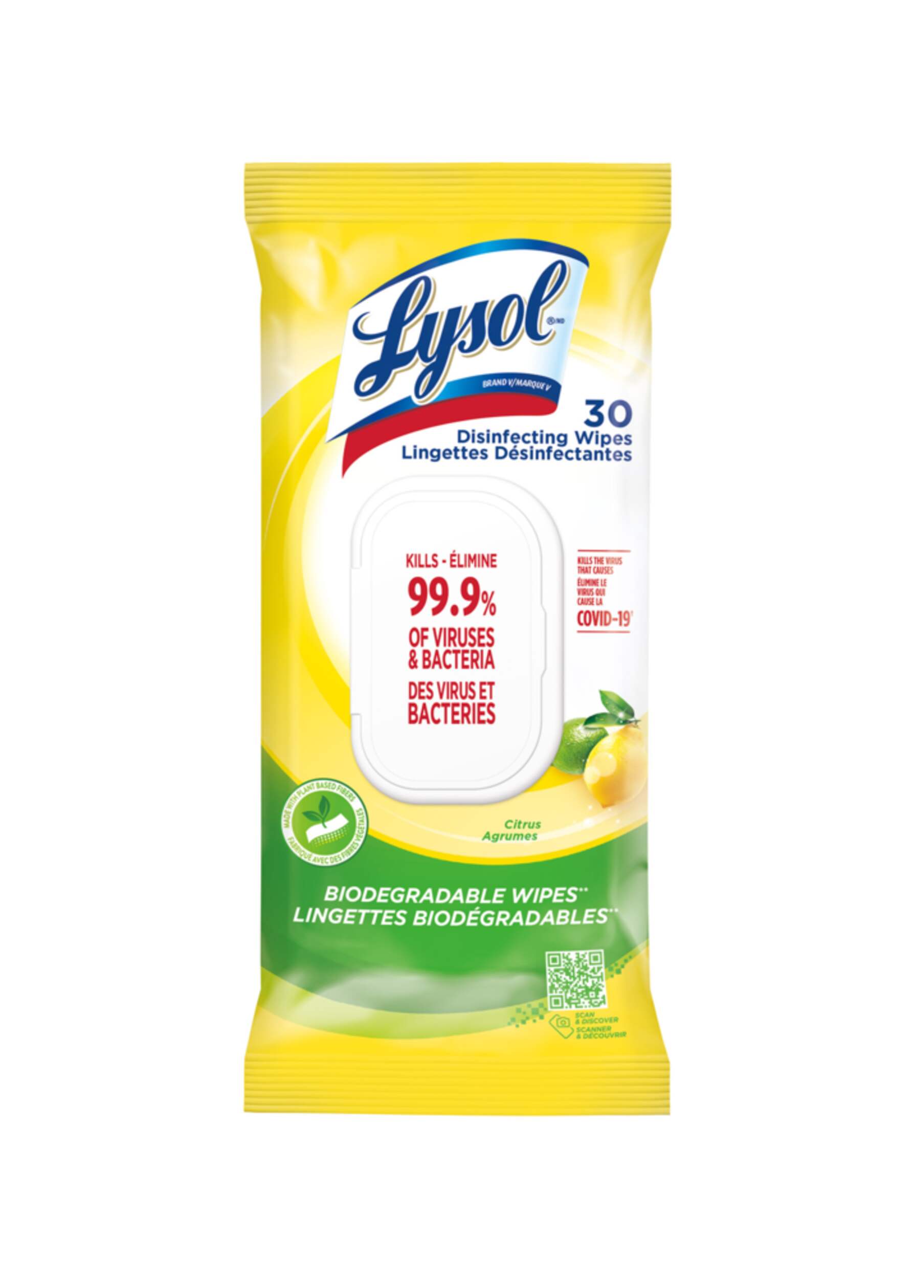 Lingettes désinfectantes Lysol, agrumes, paq. 30, emballage plat Front_Flat