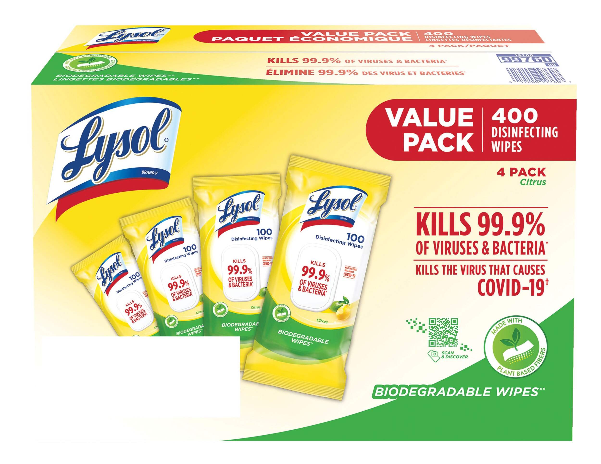 Lingettes désinfectantes Lysol, agrumes, paq. 4 x 100 unités, emballage plat Back_Elevated