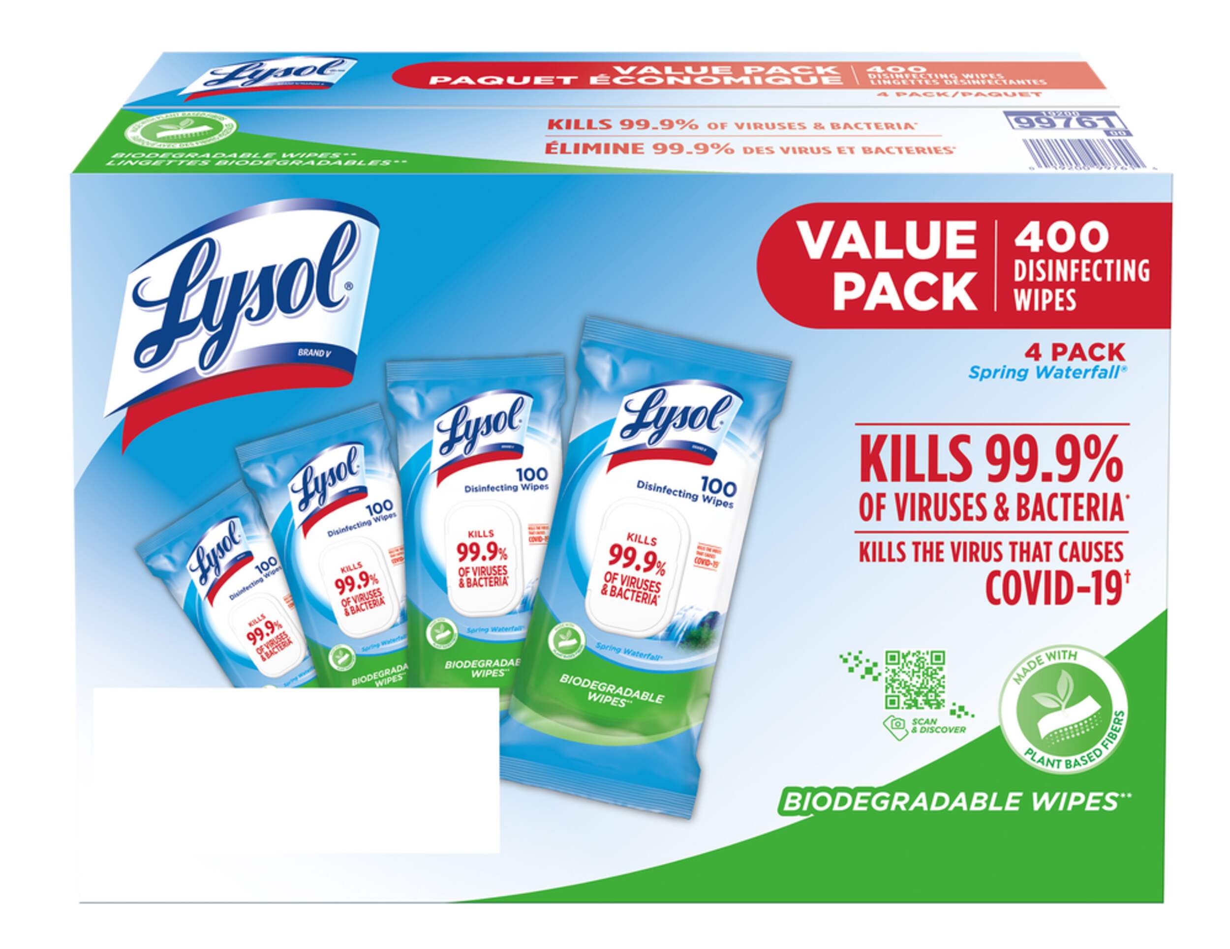 Lysol Disinfecting Wipes, Spring Waterfall, 4-pk x 100-pc Flat Pack Front_Elevated