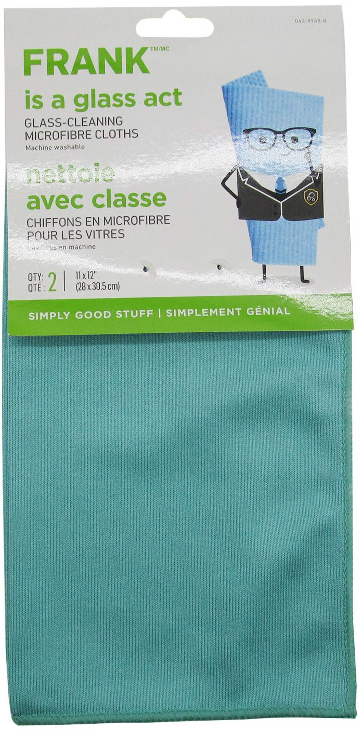 FRANK Glass Cleaning Machine Washable Microfibre Cloths, Blue, 2-pk Front_Flat