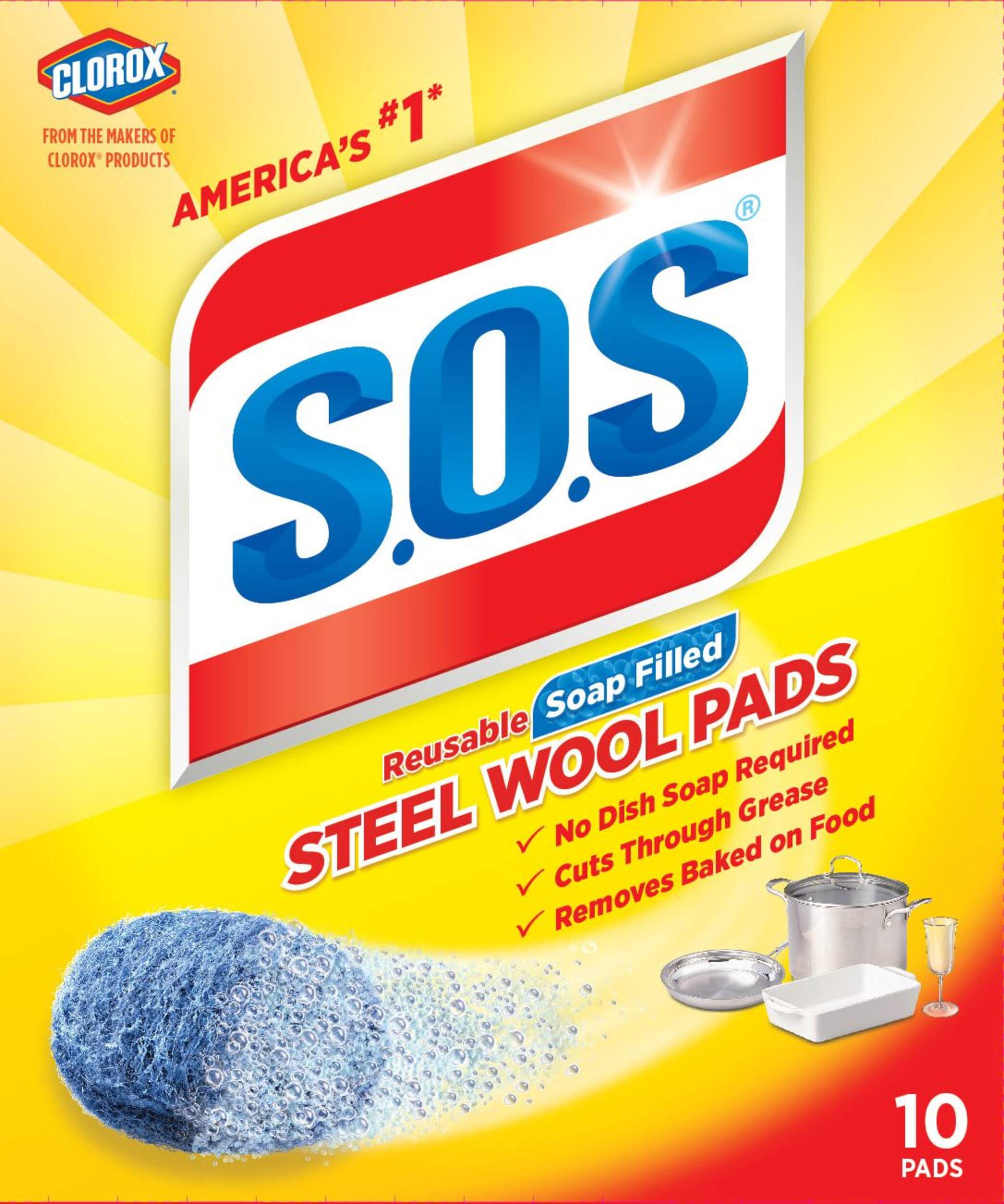 SOS All-Purpose No-Scratch Steel Wool Soap Pads / Scrub Sponges, 10-pk Front_Flat