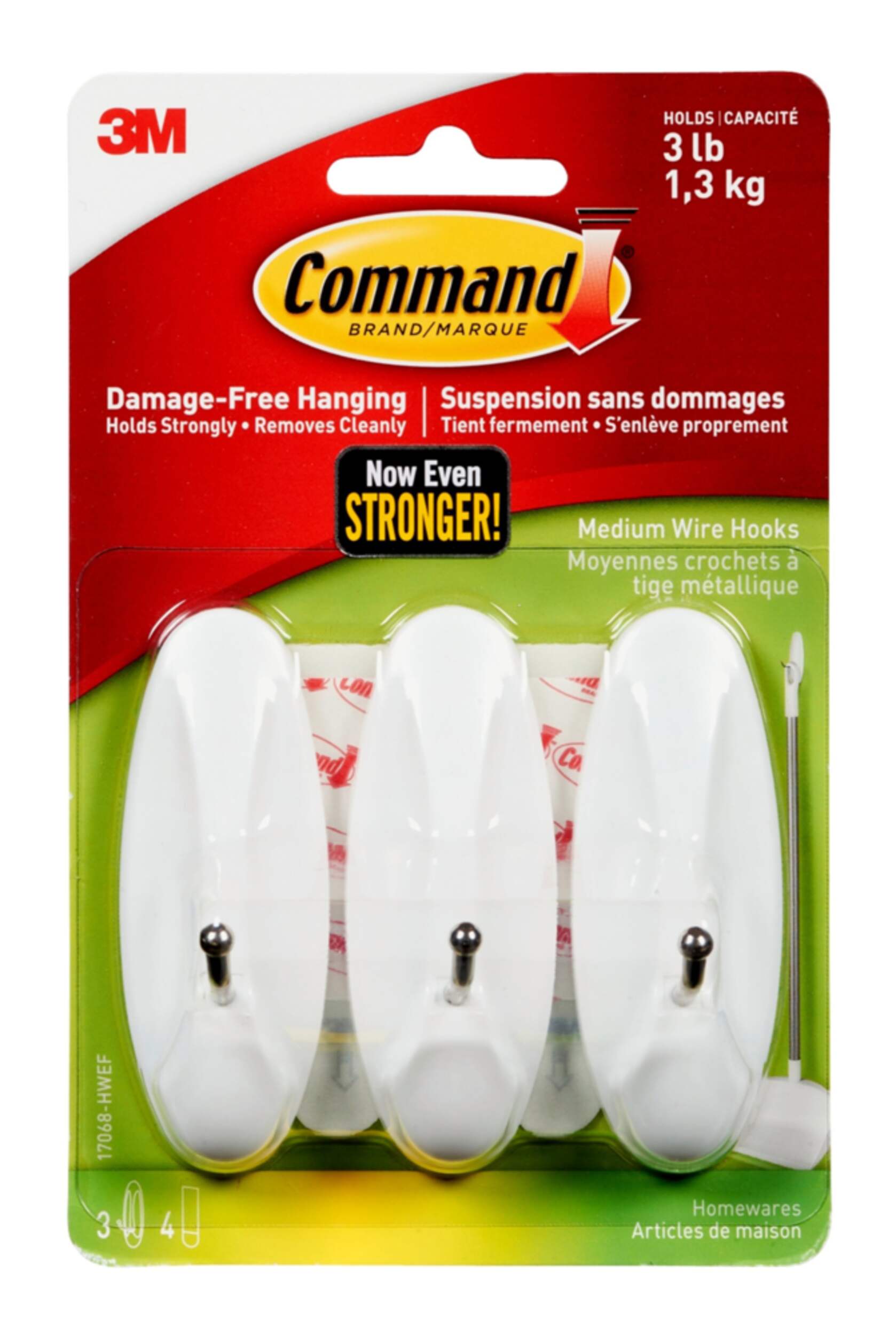 3M Command Adhesive Medium Wire Hooks with Foam Strips, 3-pk Front_Flat