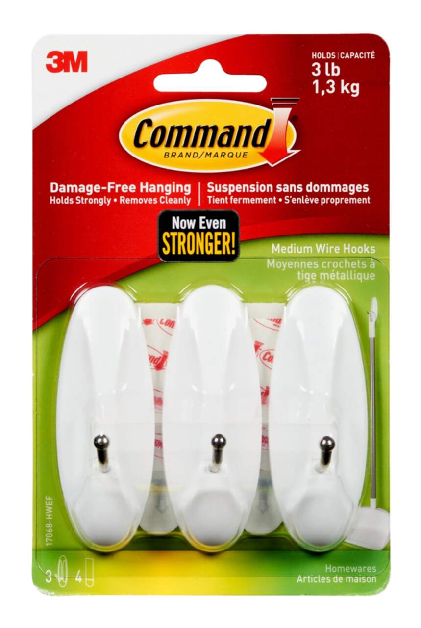 3M Command Adhesive Medium Wire Hooks with Foam Strips, 3-pk