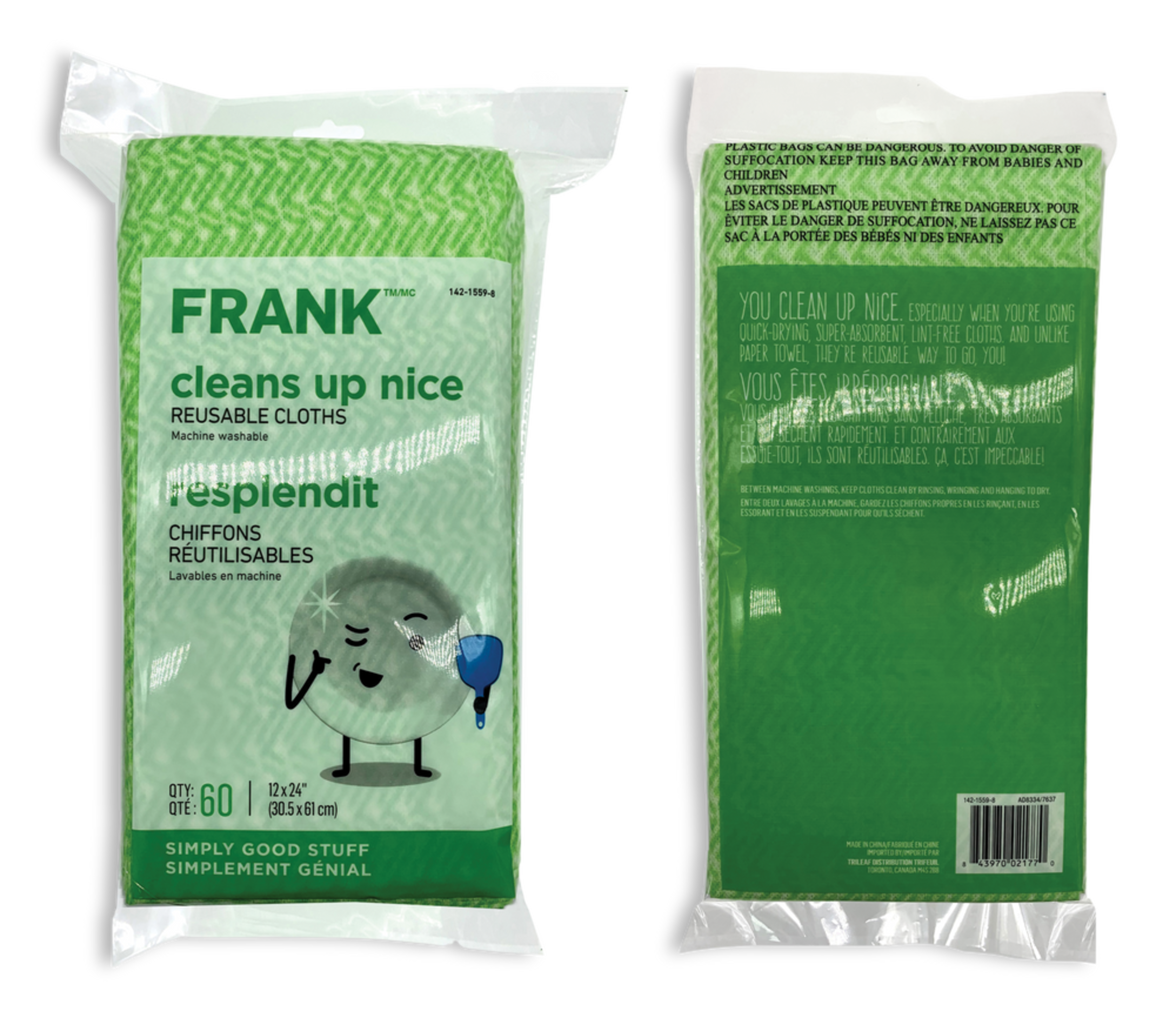 FRANK AllPurpose Machine Washable Cleaning Cloths, Green, 60pk