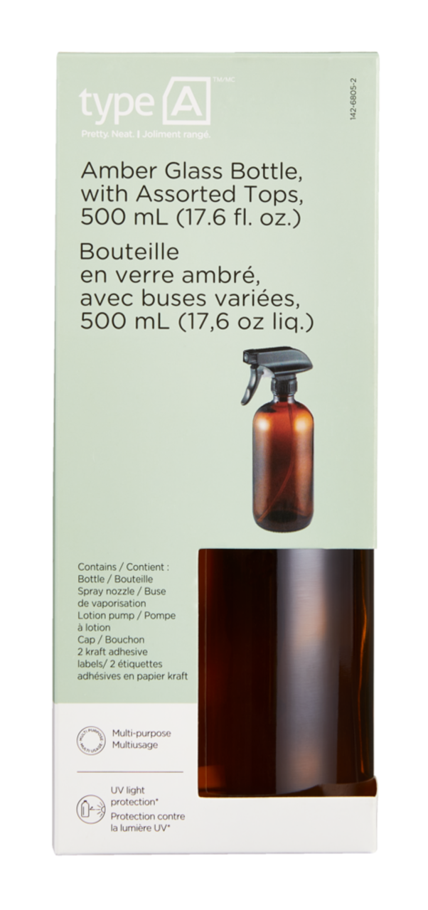 type A Amber Glass Bottle with Assorted Tops, 500-mL