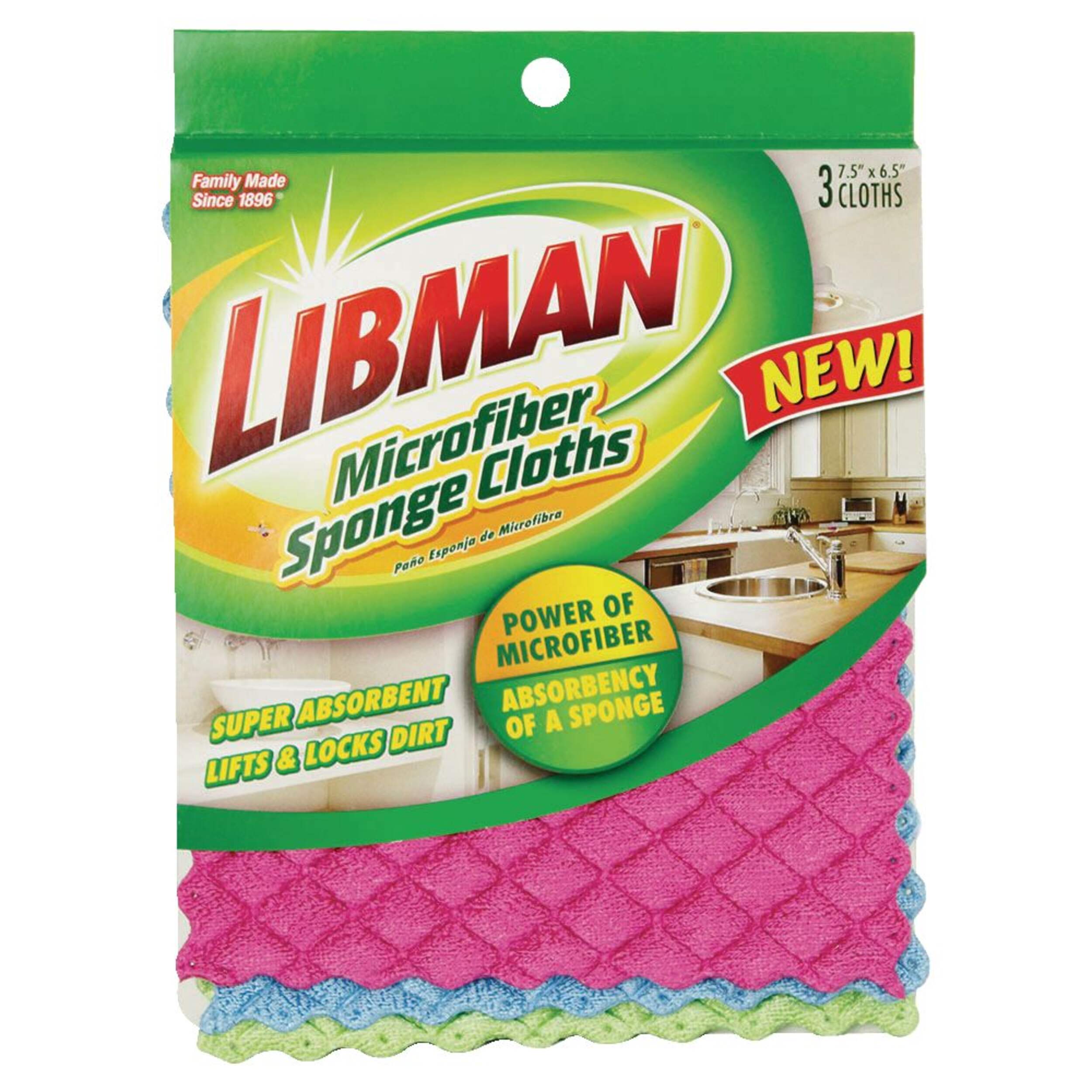 Libman Machine Washable Microfibre Sponge Cloths, Assorted Colours, 3-pk Front_Flat