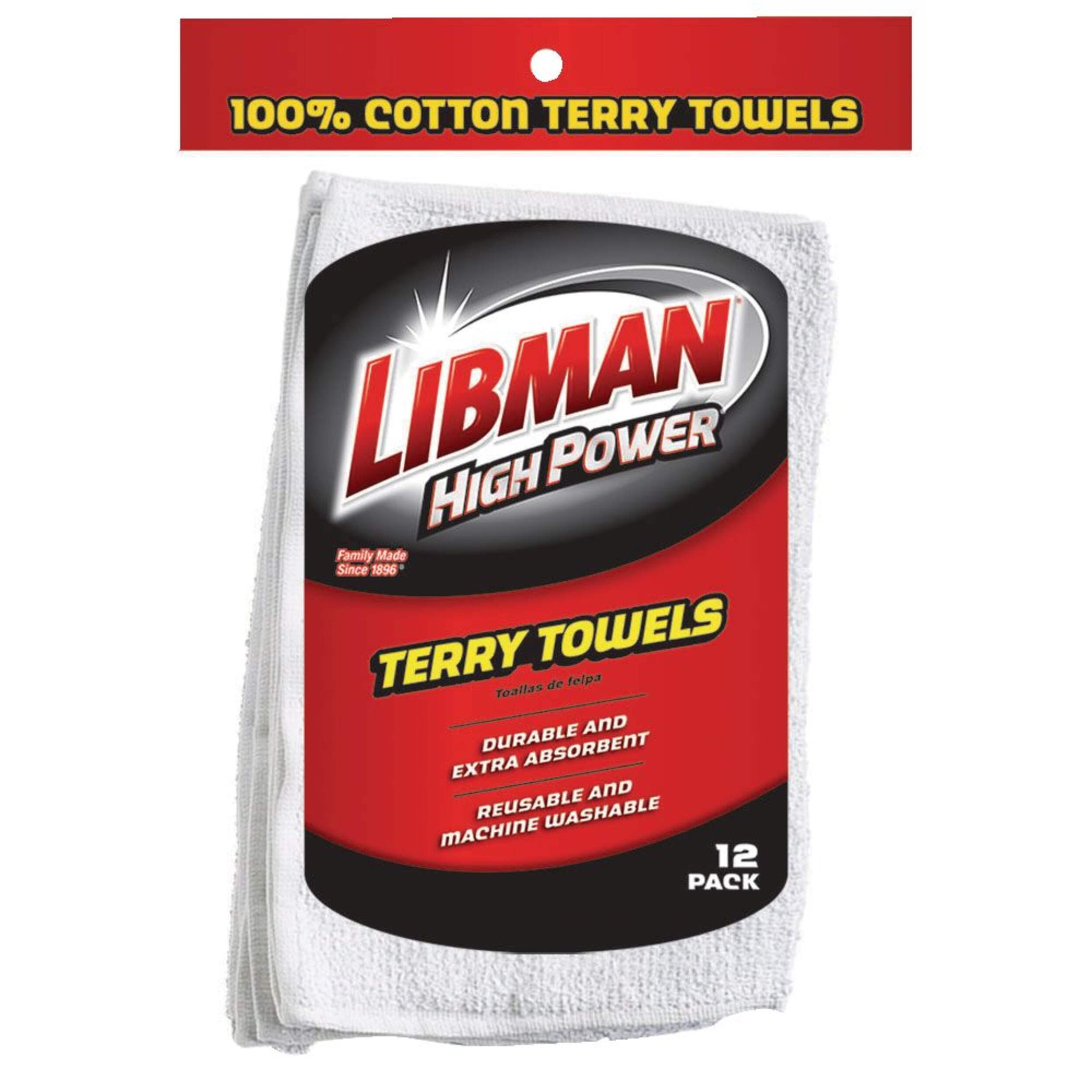 Libman Heavy Duty All-Purpose Machine Washable 100% Cotton Terry Towels, White, 12-pk Front_Flat