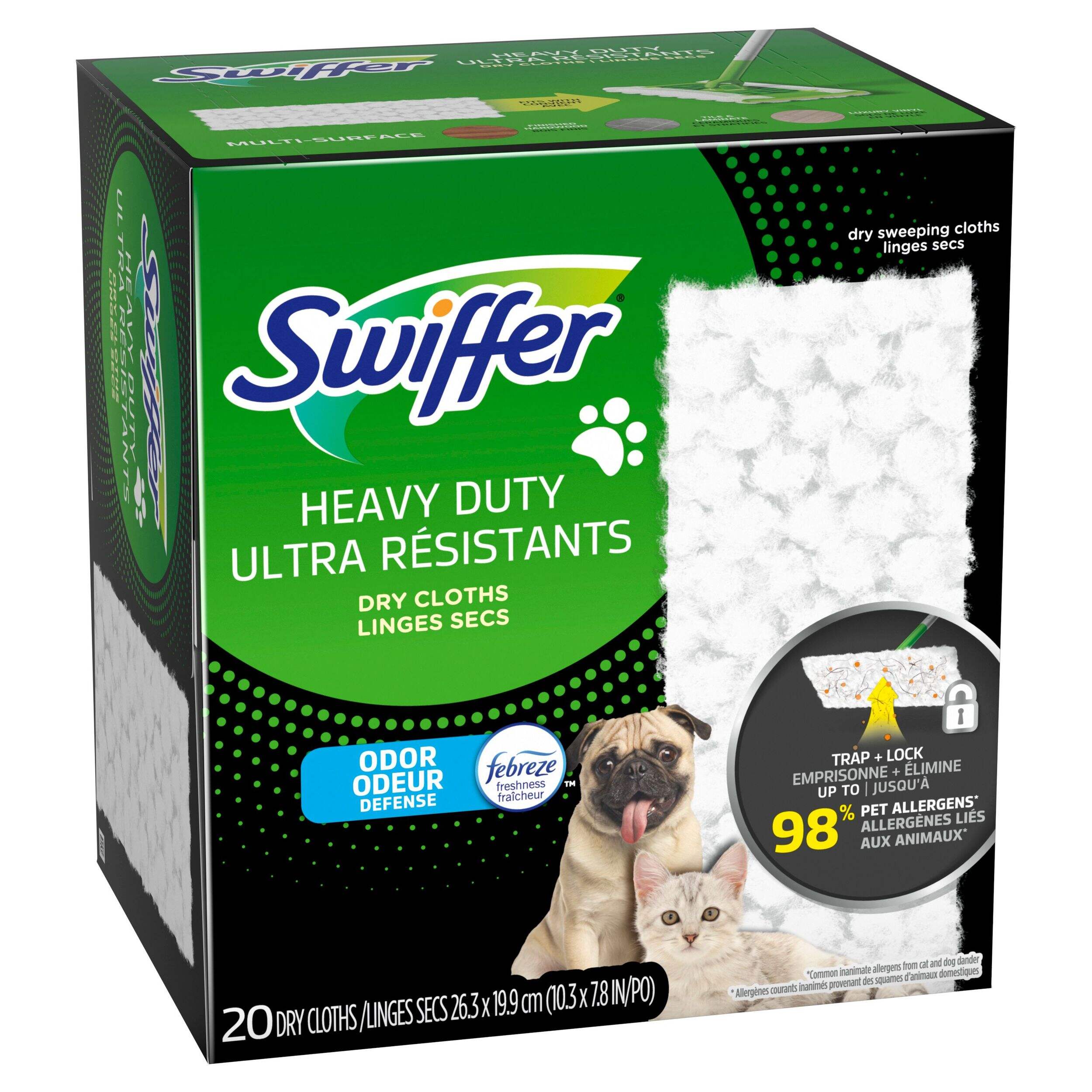 Swiffer Sweeper Pet Heavy Duty Dry Multi-Surface Cloth Refills, Febreze Freshness, 20 count Front_Three_Fourths_Angled_Right
