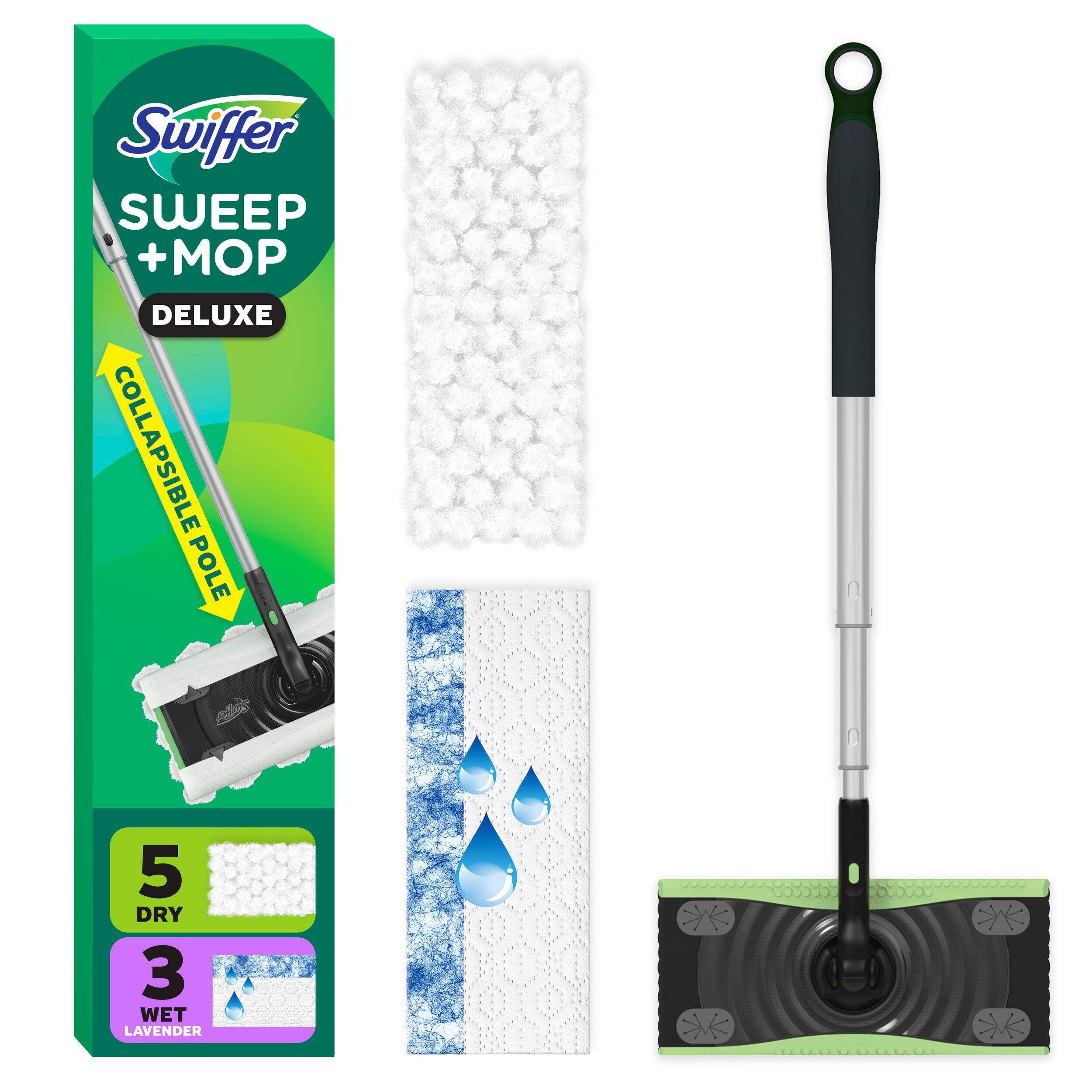 Swiffer Sweeper Pro 2-in-1 Dry & Wet Floor Mopping and Sweeping Starter Kit, Multi-Surface, Includes 1 Sweeper, 5 Dry Cloths & 3 Wet Cloths Composite_or_Mixed
