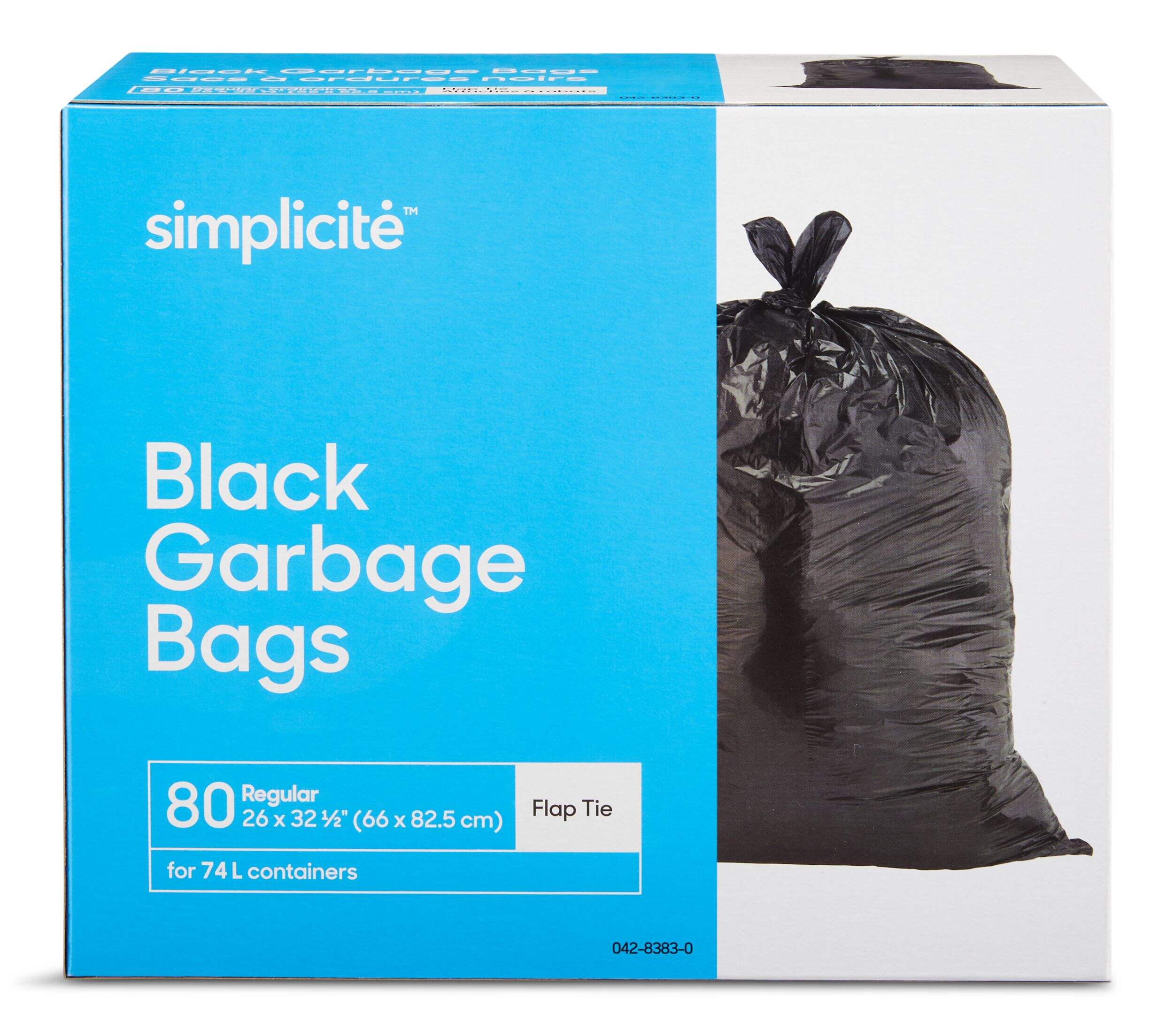 simplicité Regular 4-Flap Ties Outdoor Garbage Bags, 80-pk, Black, 74-L Front_Elevated