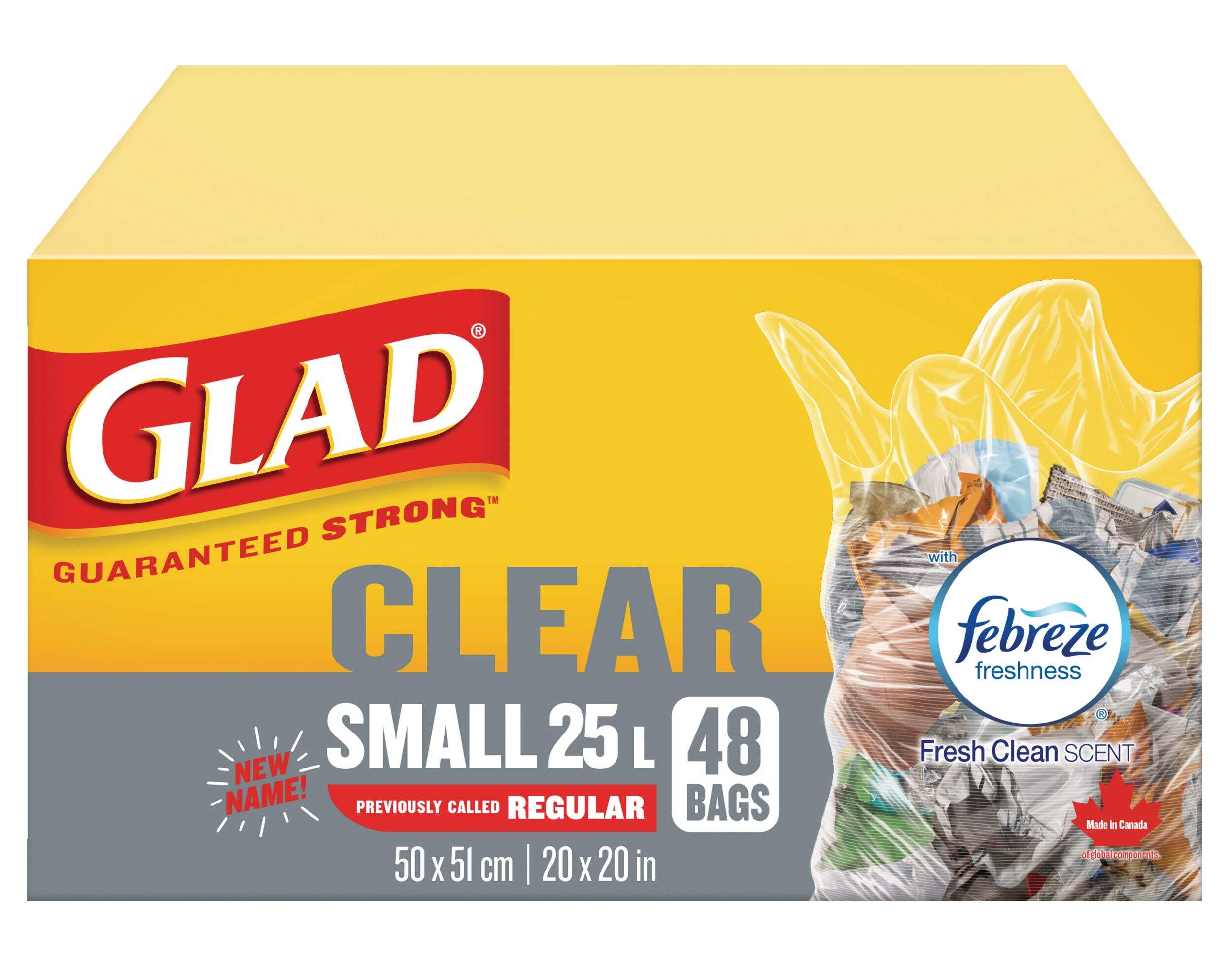 Glad Small Easy-Tie Flap Febreze Fresh Clean Scent Garbage Bags, 48-pk, Clear, 25-L Front_Elevated