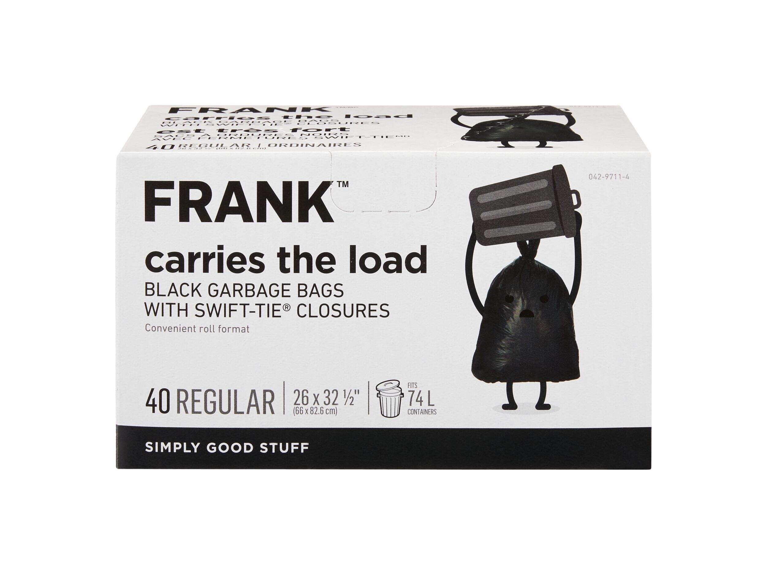 FRANK Regular Swift-Tie Garbage Bags, 40-pk, Black, 74-L Front_Elevated