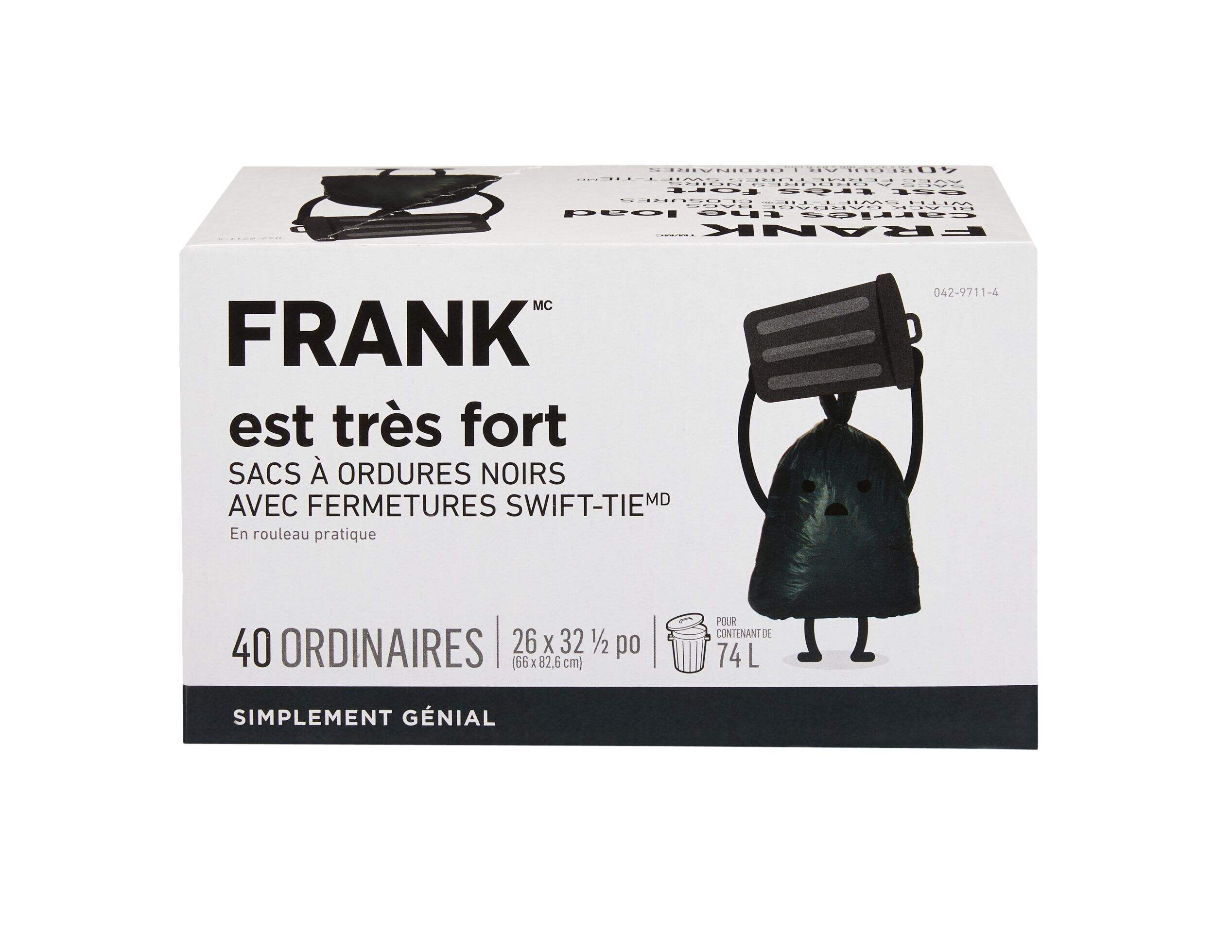 Sacs à ordures réguliers FRANK avec attaches Swift-Tie, noir, paq. 40, 74 L Front_Elevated