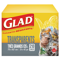 Sacs à ordures et à recyclage Glad avec attaches Easy-Tie, intérieur/extérieur, très grand, paq. 20, transparent, 135 L Front_Elevated