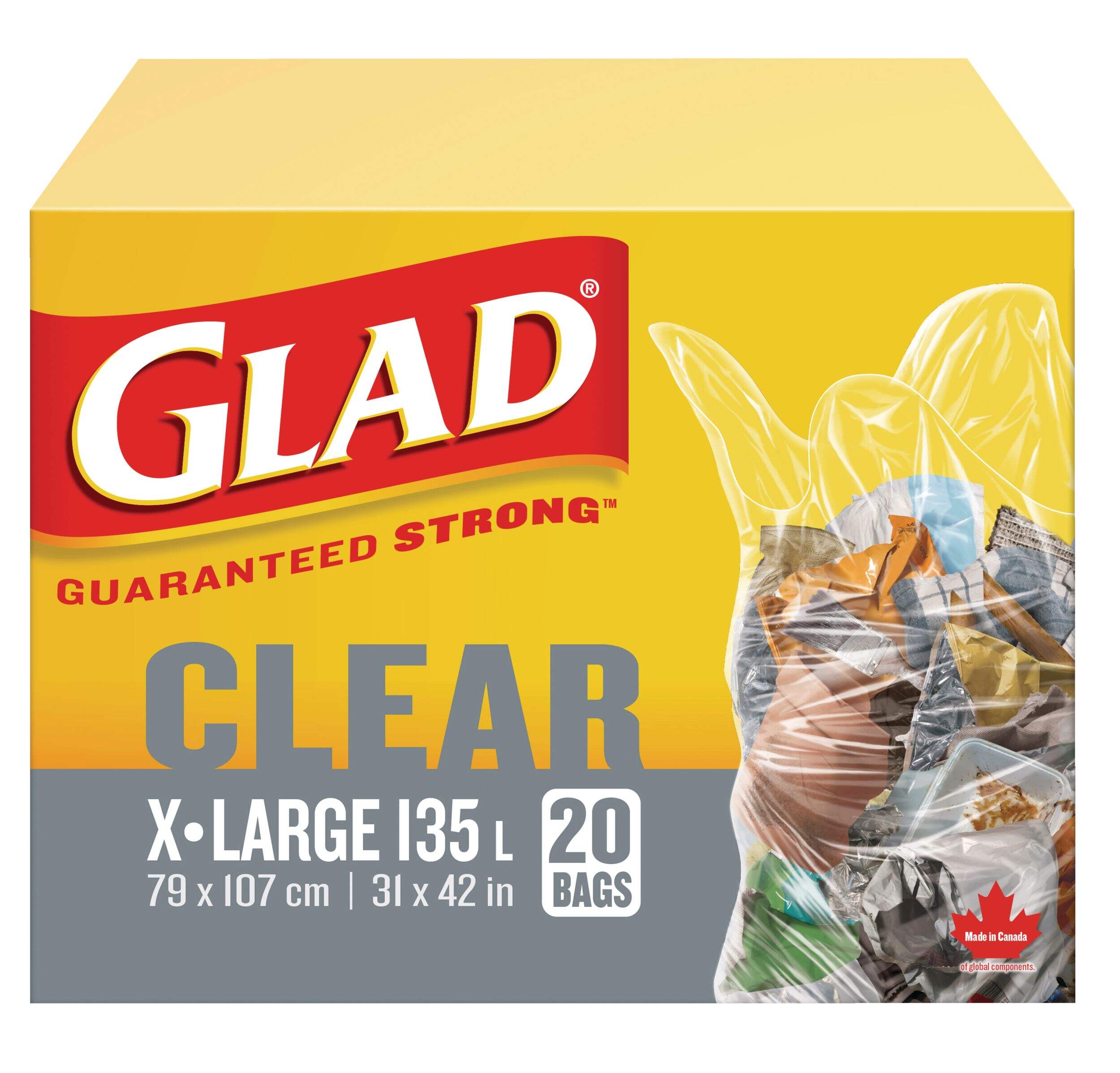 Glad Extra-Large Easy-Tie Flap Indoor/Outdoor Garbage/Recycling Bags, 20-pk, Clear, 135-L Front_Elevated