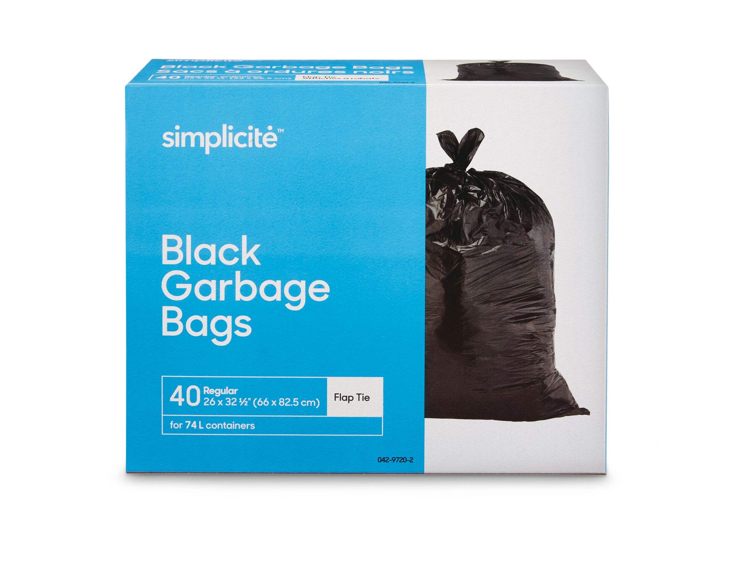 simplicité Regular 4-Flap Ties Outdoor Garbage Bags, 40-pk, Black, 74-L Front_Elevated