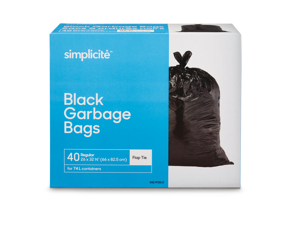 simplicité Regular 4Flap Ties Outdoor Garbage Bags, 40pk, Black, 74L