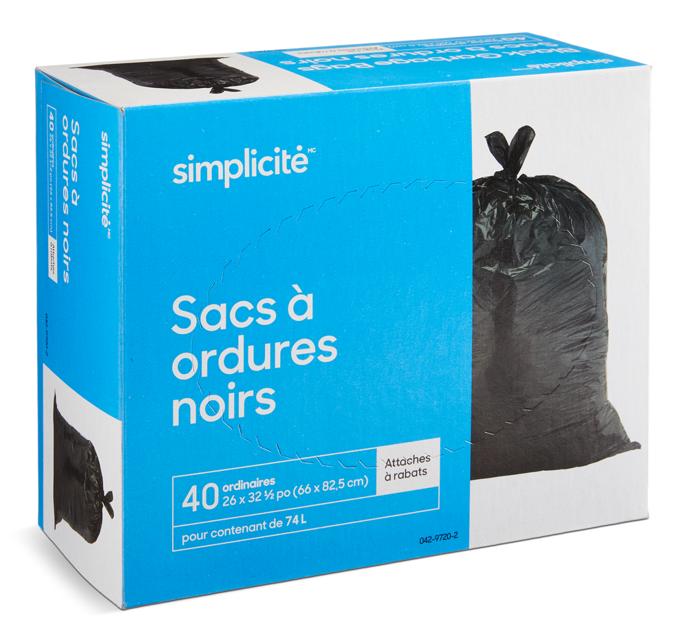 Sac à ordures simplicité, noir, courant, 74 L, paq. 40 Canadian Tire