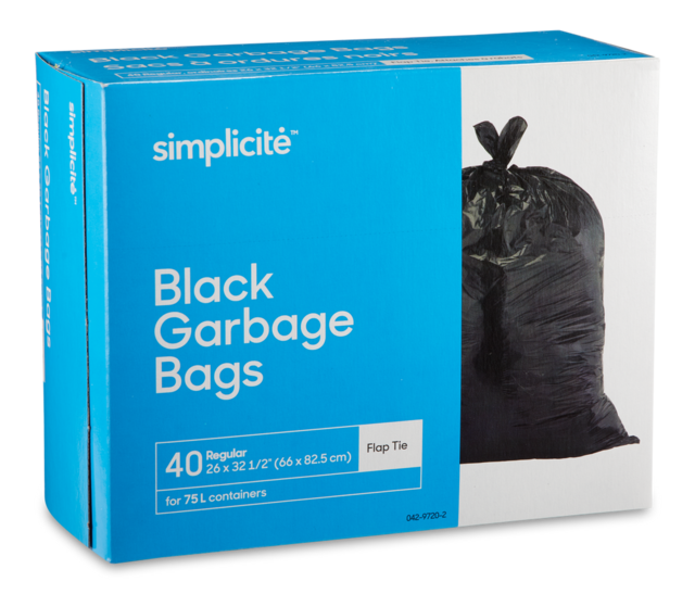 simplicité Regular 4Flap Ties Outdoor Garbage Bags, 40pk, Black, 74L Canadian Tire
