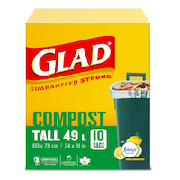 Glad Tall 100% Compostable Febreze Lemon Scented Food Waste Bags, 10-pk, 49-L Front_Elevated