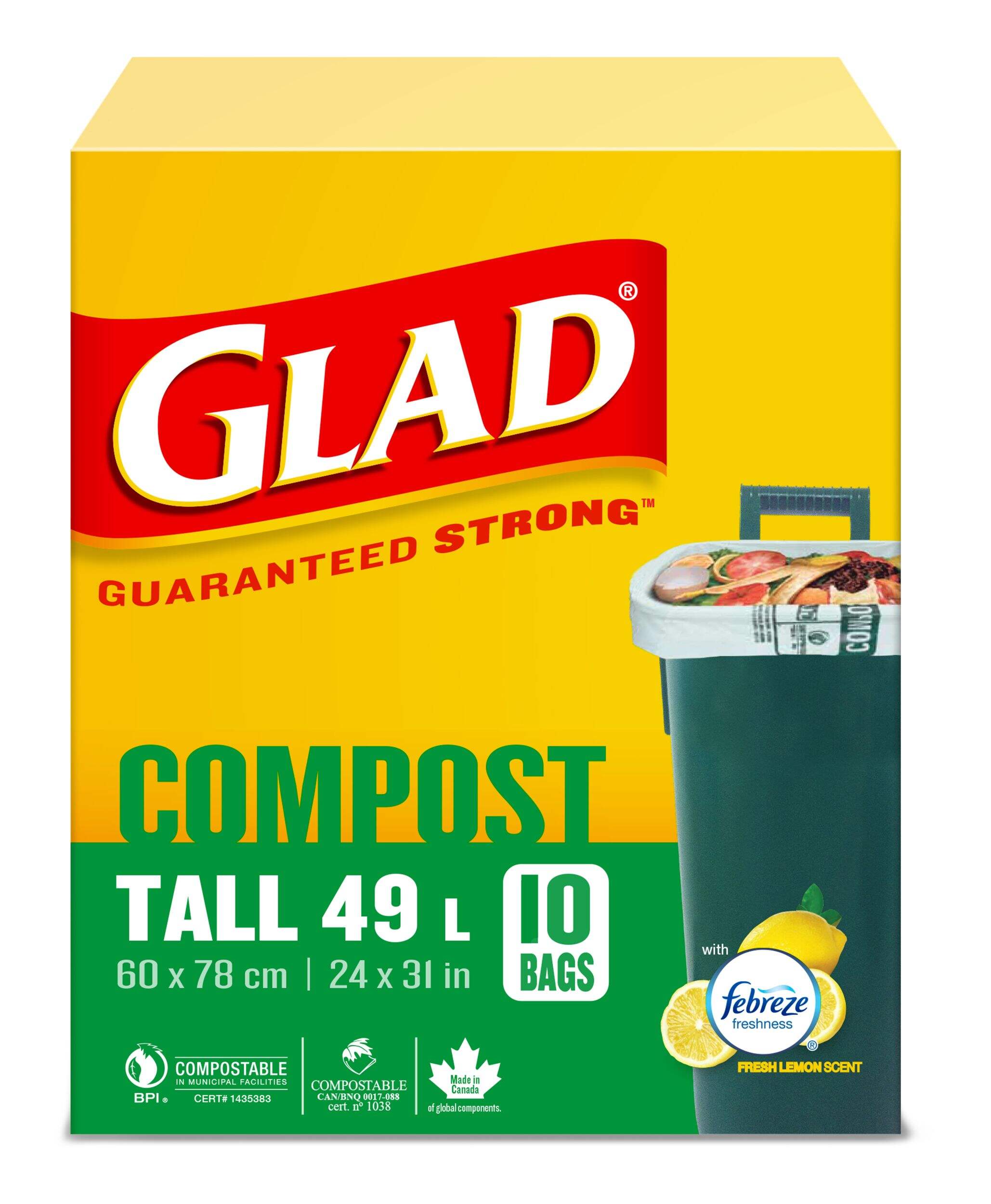 Glad Tall 100% Compostable Febreze Lemon Scented Food Waste Bags, 10-pk, 49-L Front_Elevated