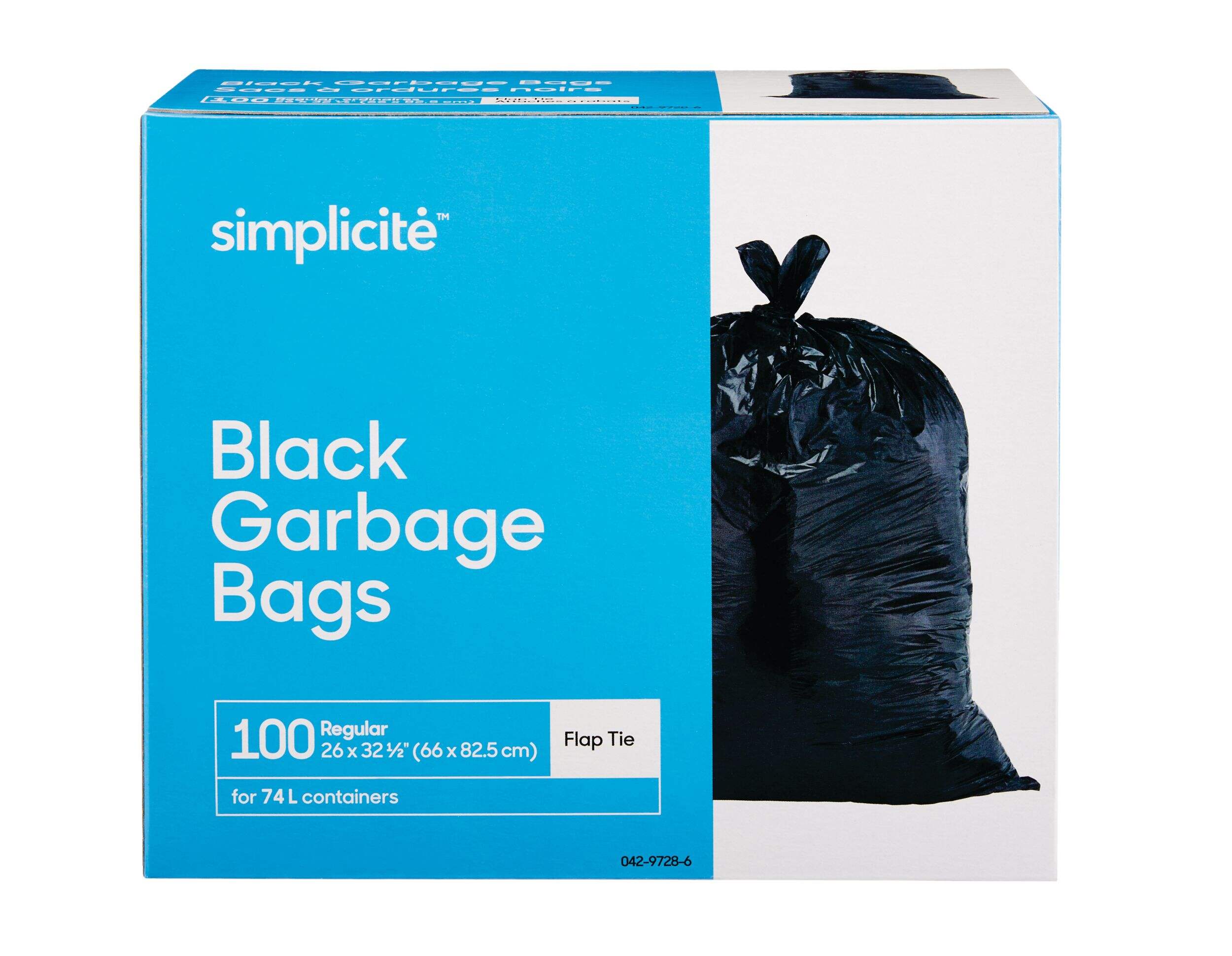 simplicité Regular 4-Flap Ties Outdoor Garbage Bags, 100-pk, Black, 74-L Front_Elevated