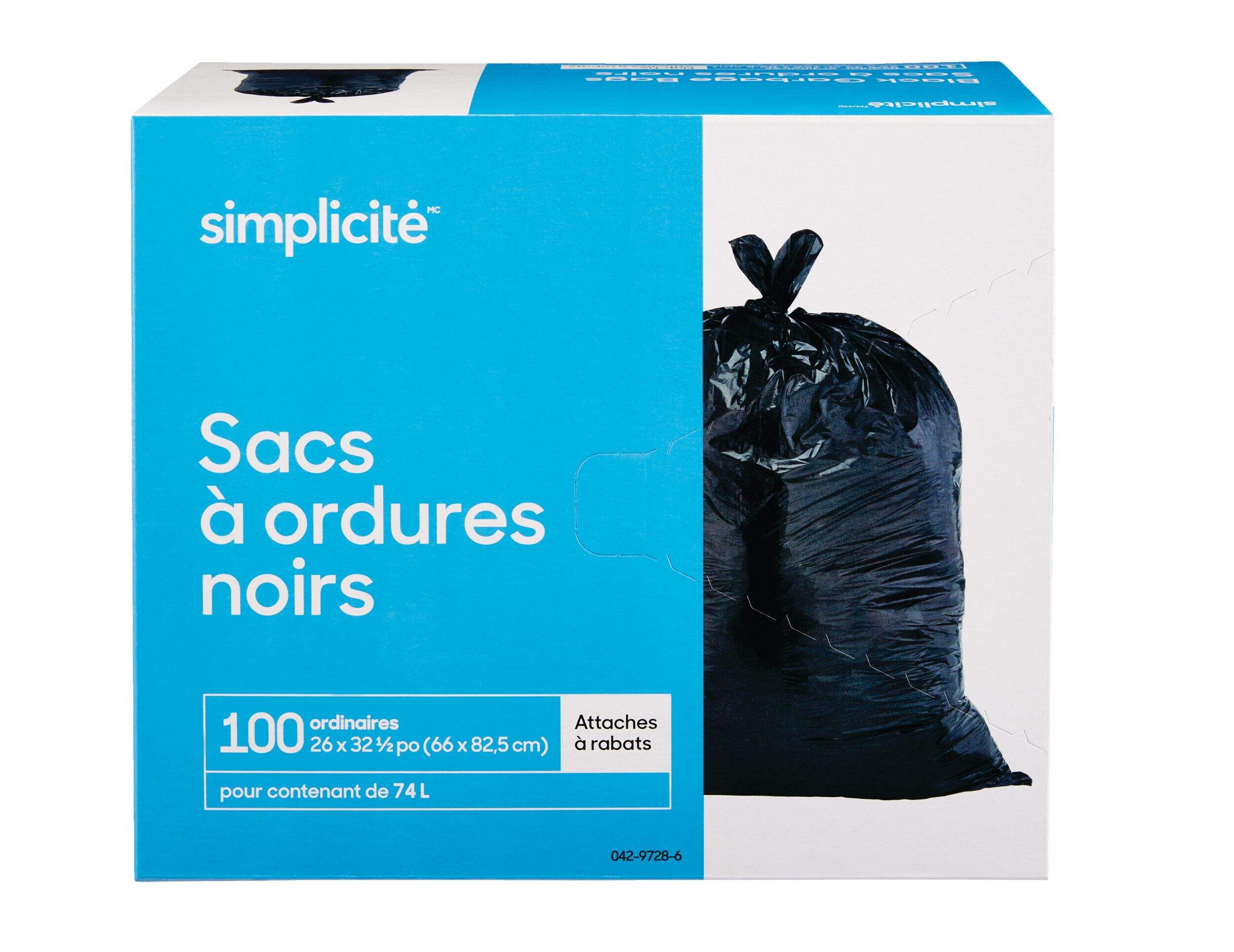 Sacs à ordures d’extérieur Simplicité, 4 rabats, noir, paq. 100, 74 L Front_Elevated