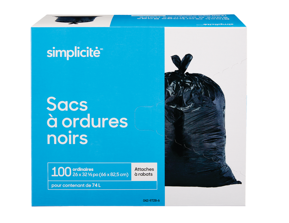 Sacs à ordures d’extérieur Simplicité, 4 rabats, noir, paq. 100, 74 L