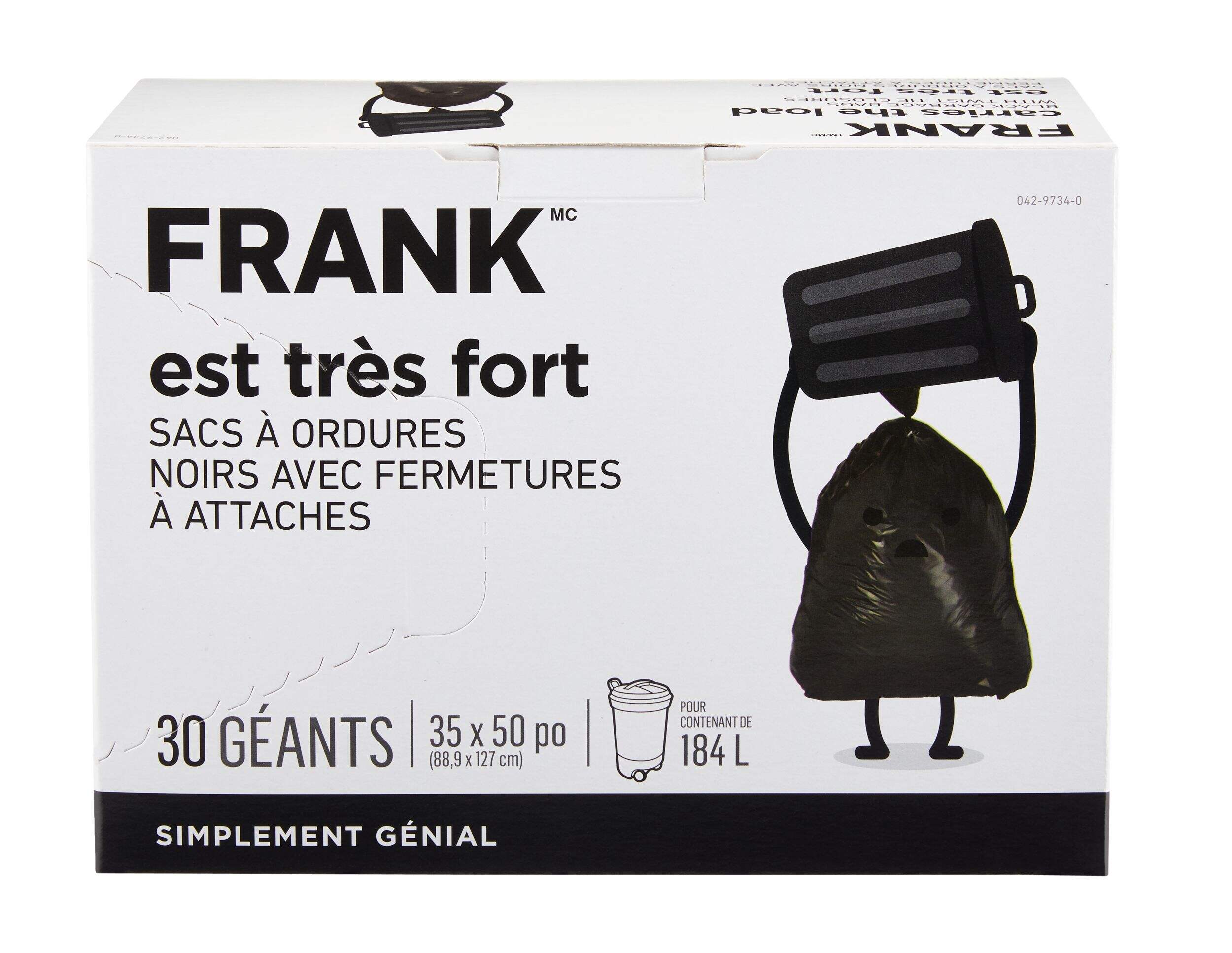 Sacs à ordures d’extérieur géants FRANK avec attaches Twist-Tie, noir, paq. 30, 184&nbsp;L Front_Elevated