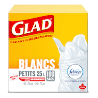 Sacs à ordures à rabat avec attaches Easy-Tie Glad, senteur fraîche et propre Febreze fraîcheur, paq. 100, blanc, 25 L Front_Flat