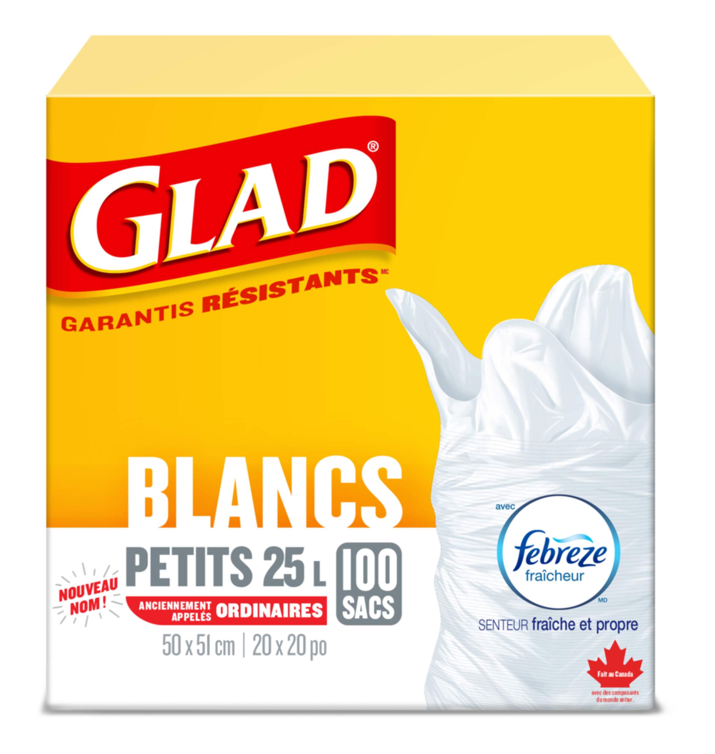 Sacs à ordures à rabat avec attaches Easy-Tie Glad, senteur fraîche et propre Febreze fraîcheur, paq. 100, blanc, 25 L Front_Flat