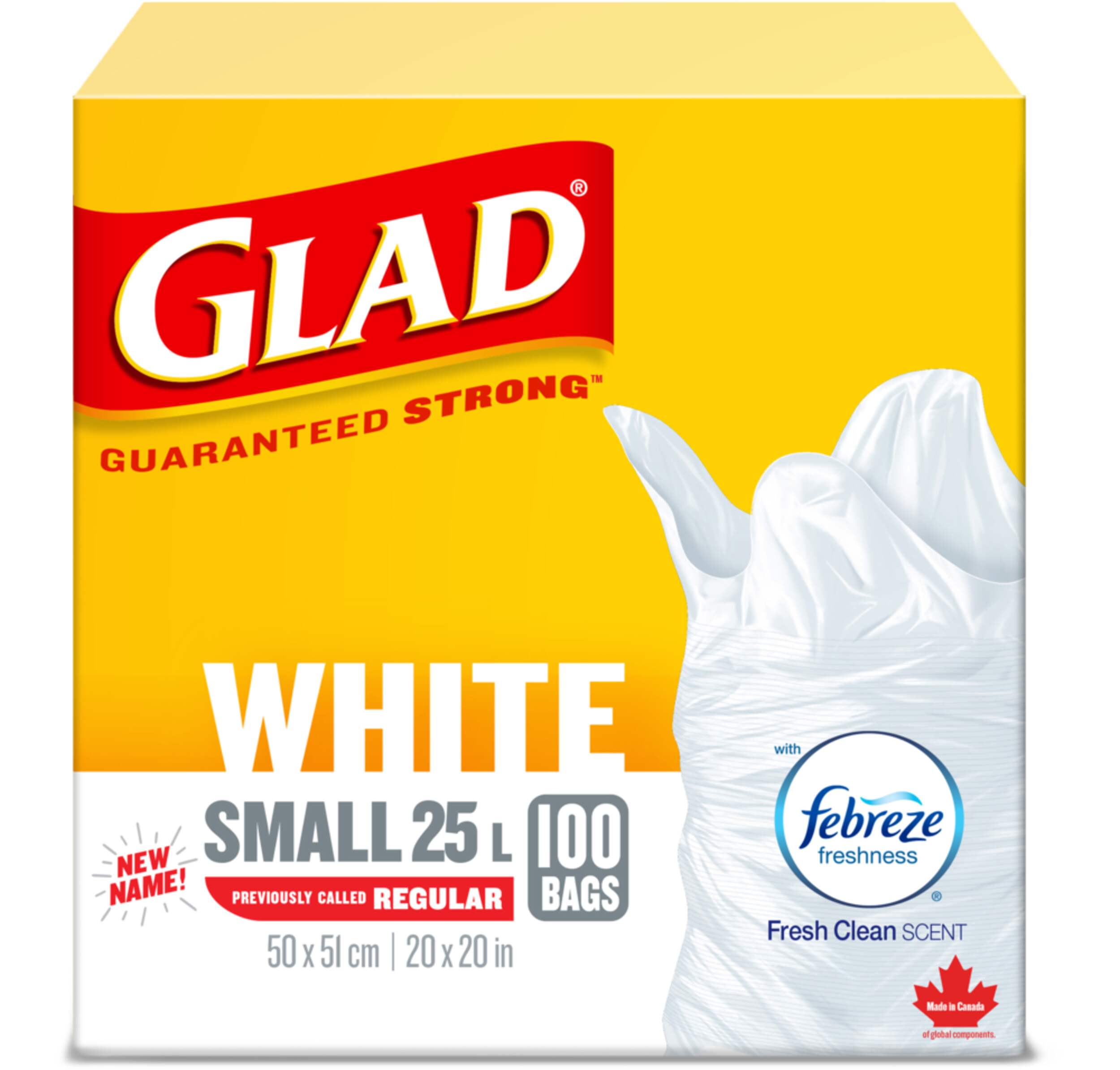 Glad Small Easy-Tie Flap Febreze Fresh Clean Scent Garbage Bags, 100-pk, White, 25-L Front_Flat