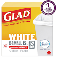 Glad Extra-Small Easy-Tie Flap Febreze Fresh Clean Scent Garbage Bags, 52-pk, White, 15-L