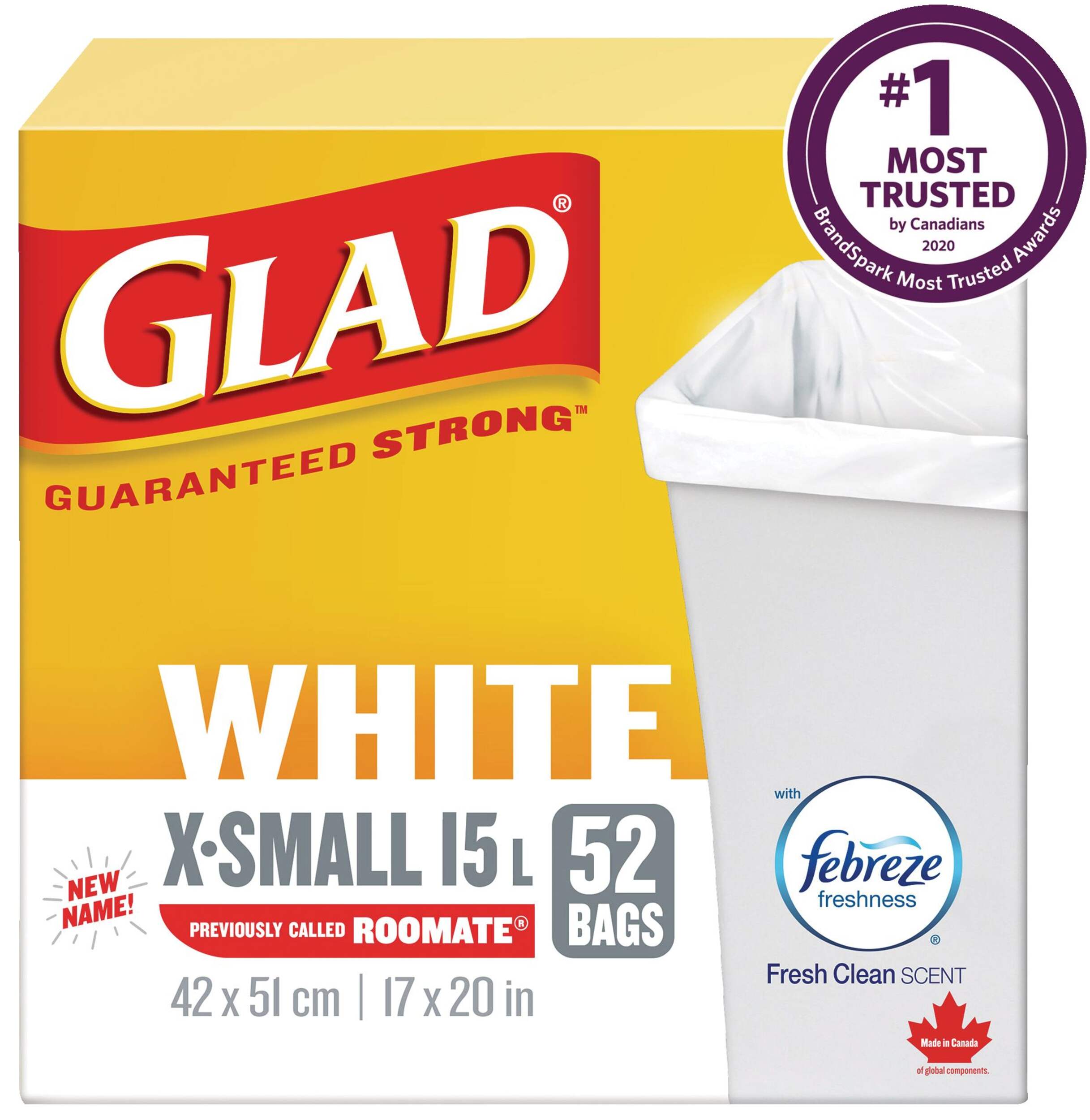 Glad Extra-Small Easy-Tie Flap Febreze Fresh Clean Scent Garbage Bags, 52-pk, White, 15-L Front_Elevated