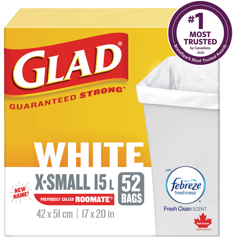 Glad ExtraSmall EasyTie Flap Febreze Fresh Clean Scent Garbage Bags, 52pk, White, 15L