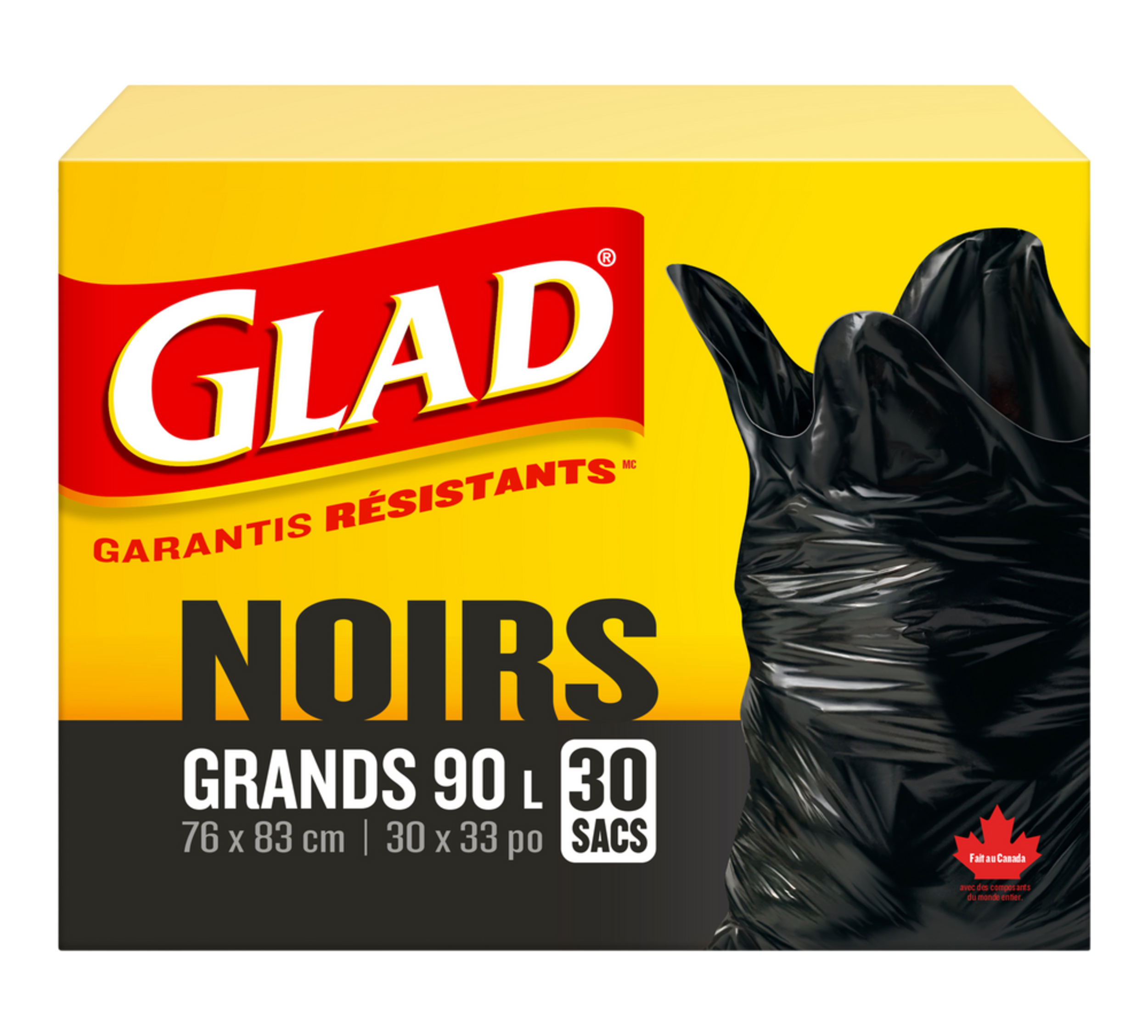 Sacs à ordures à rabat intérieur/extérieur Glad avec attaches Easy-Tie, grand, noir, paq. 30, 90 L Front_Elevated