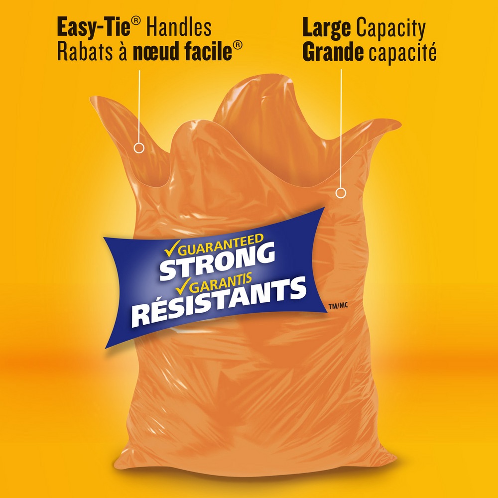 Glad ExtraLarge EasyTie Flap Indoor/Outdoor Garbage Bags, 20pk, Orange, 135L Canadian Tire