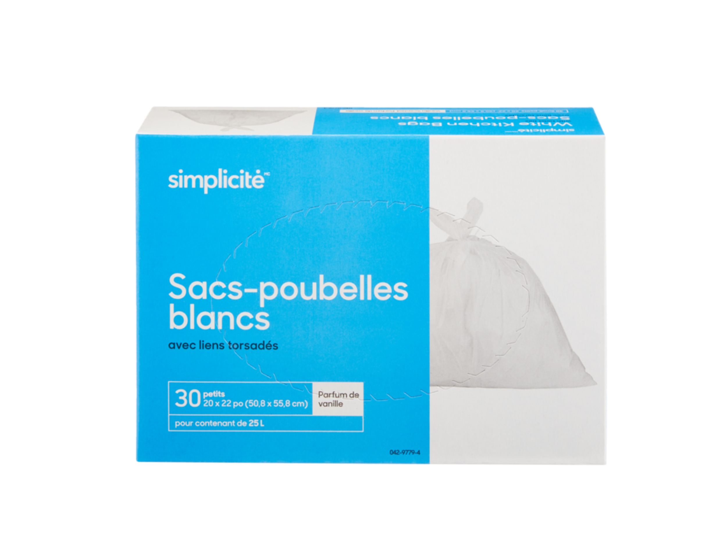Sacs à ordures Simplicité avec attaches torsadées, petit, parfum de vanille, blanc, 25&nbsp;L, paq. 30 Front_Elevated