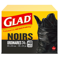 Sacs à ordures réguliers Glad avec attaches Easy-Tie, intérieur/extérieur, paq. 40, noir, 74 L Front_Elevated